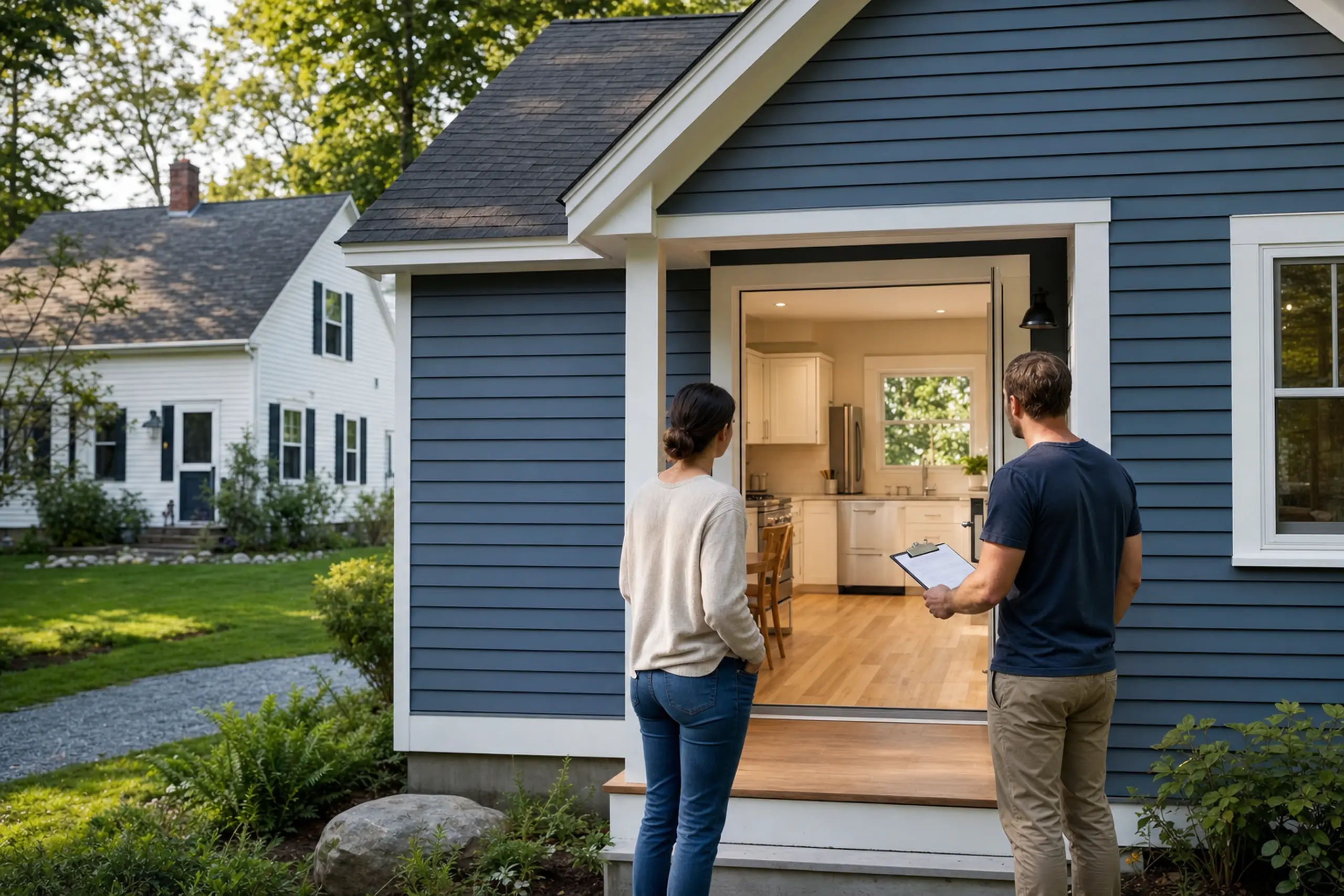 Blue house with white trim and open door showing kitchen, two people standing outside.