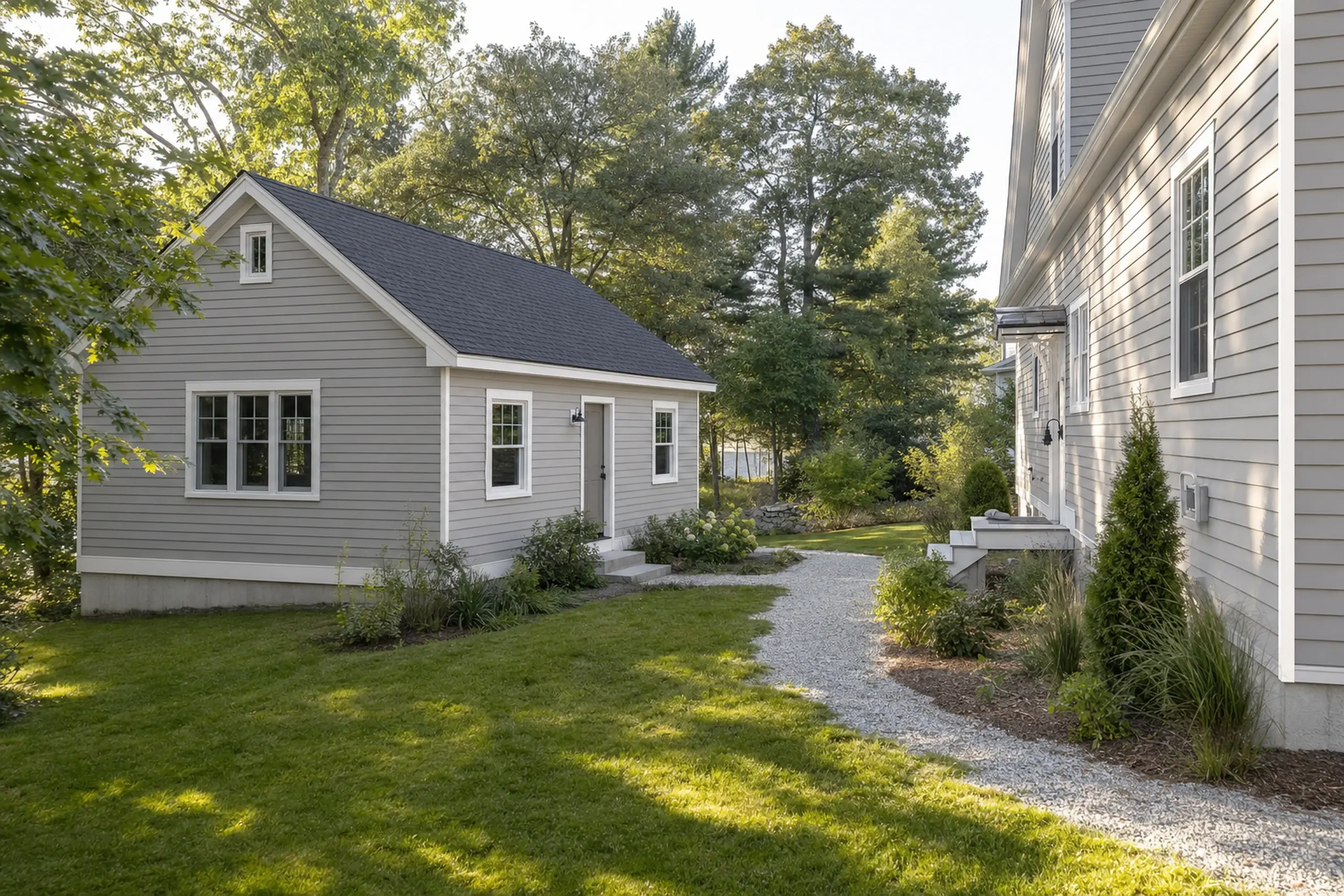 Gray two buildings with white trim in a green yard with trees and a gravel path.