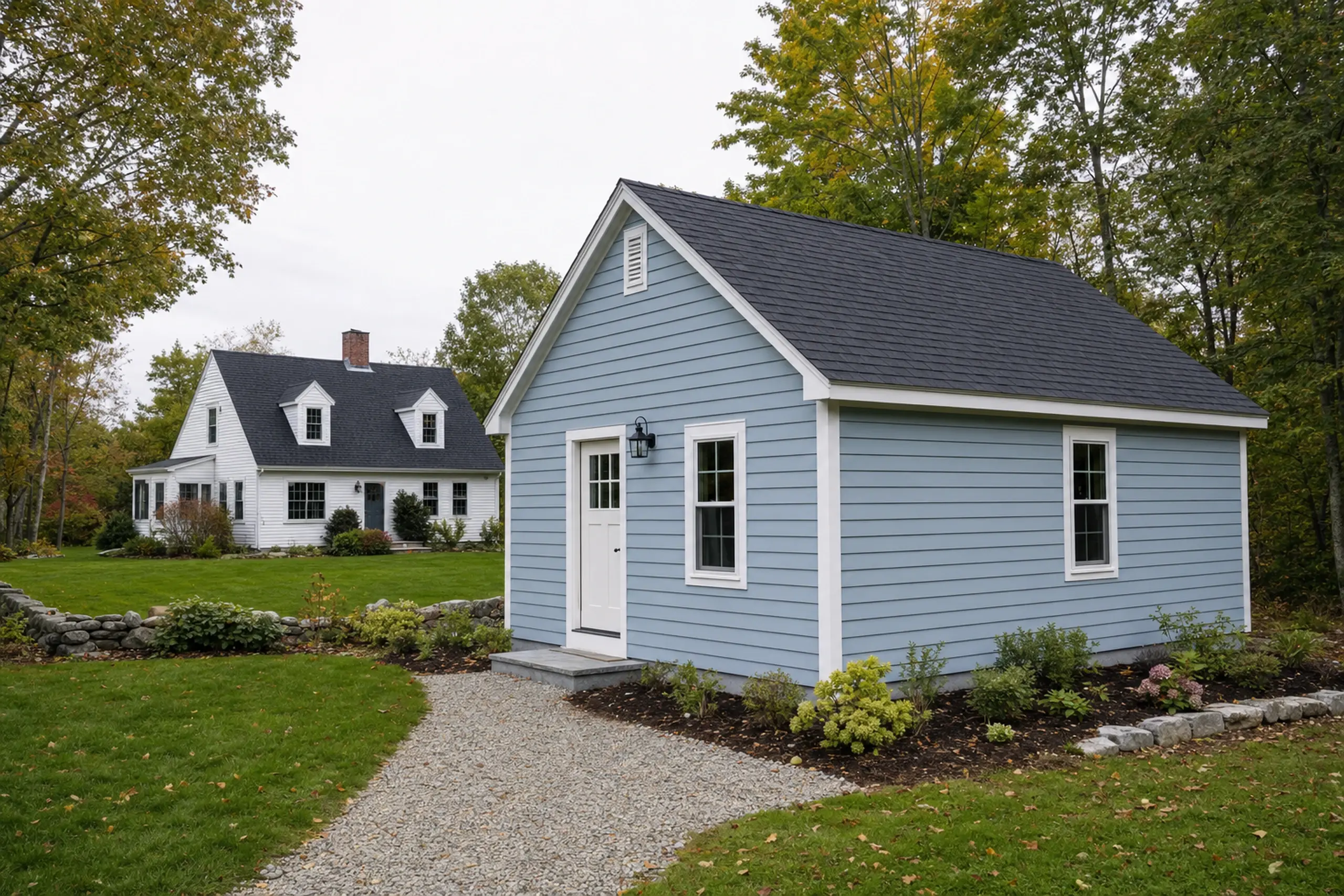 Blue single-story building with white trim in a green yard, white two-story house in background.