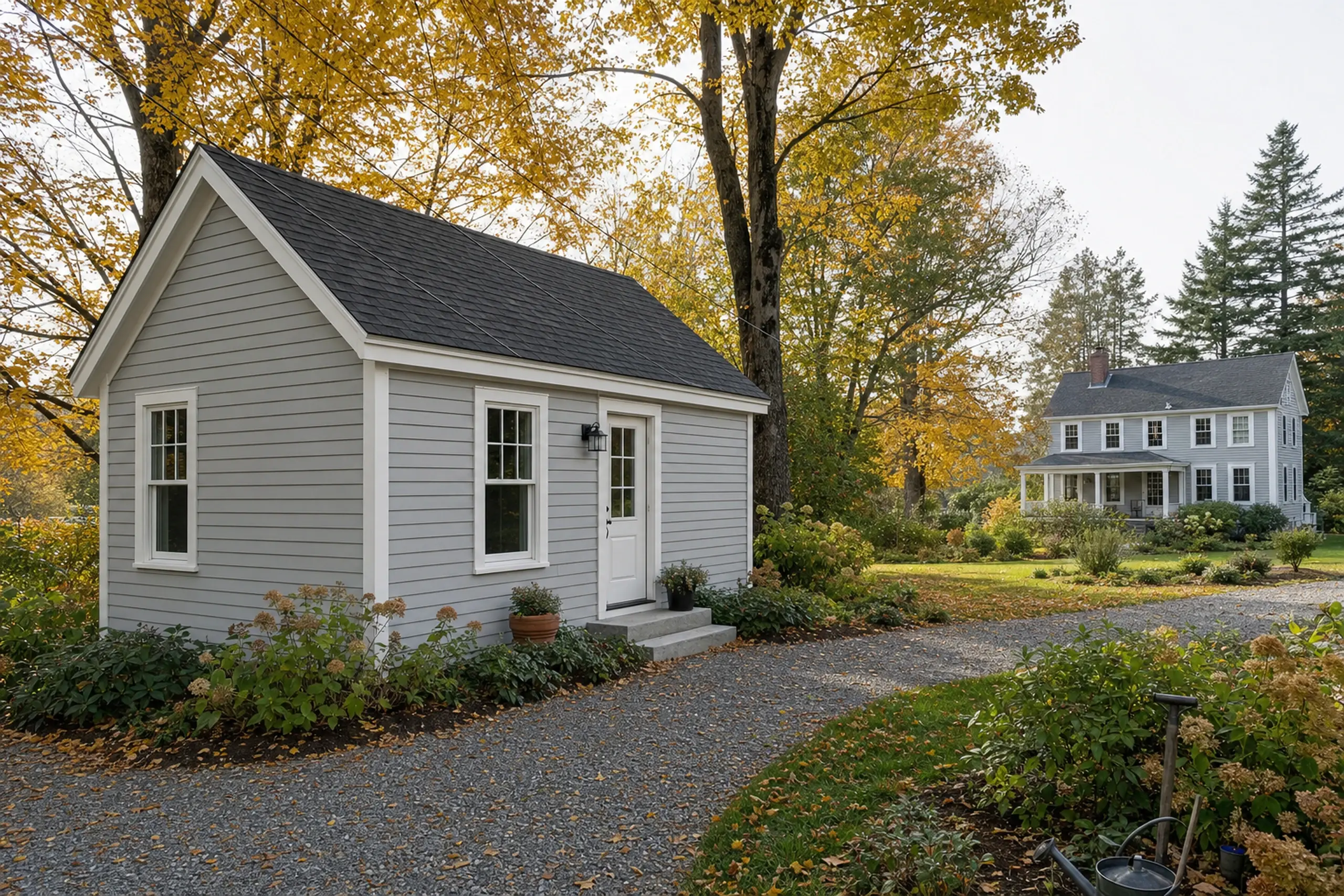 Small gray building with white trim and black roof in a leafy autumn setting with a larger house in background.