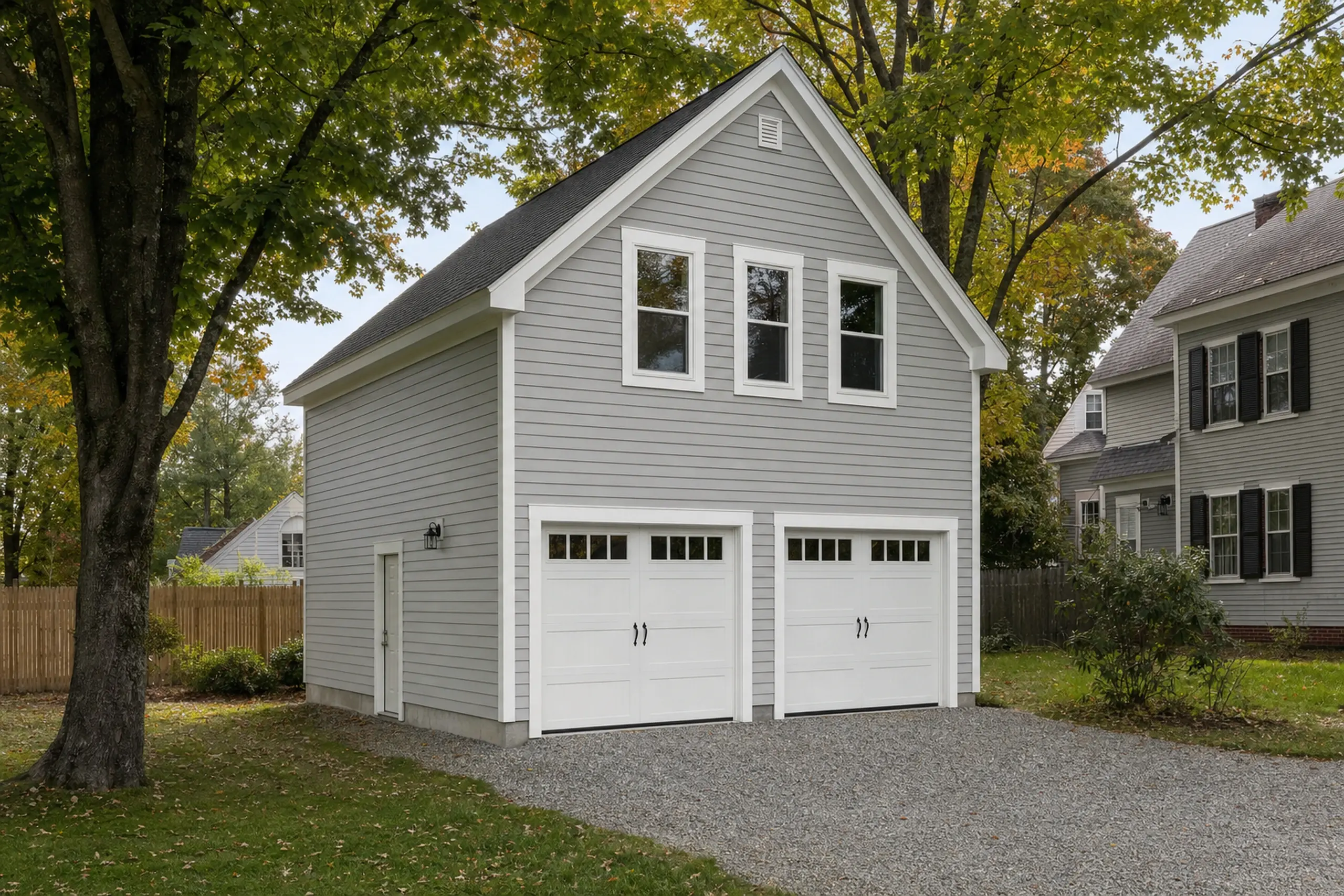 Gray two-car garage with white trim and three upper windows in a leafy suburban setting.
