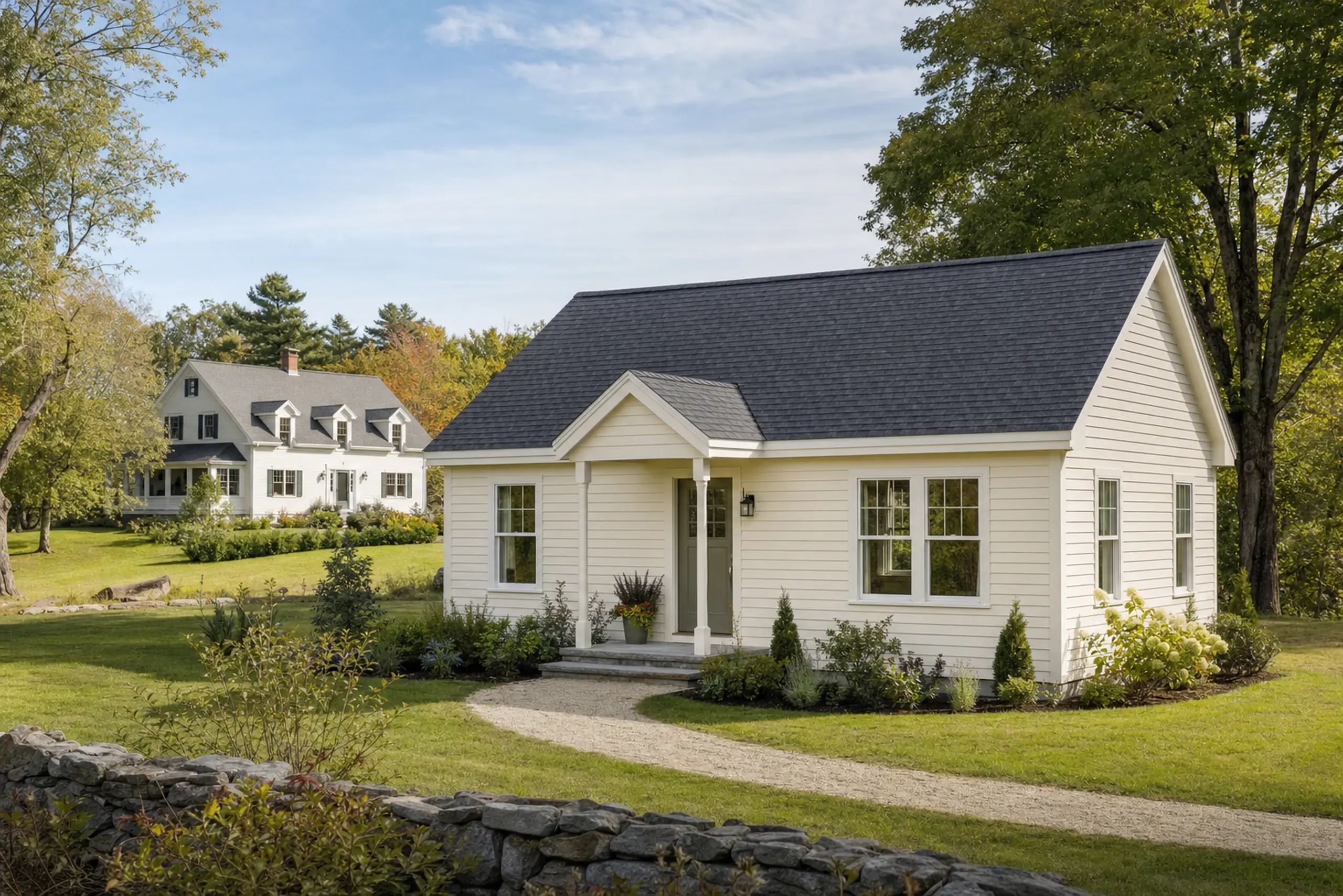 ADU builders in Old Orchard Beach, ME: Two white houses with dark roofs in a green yard with trees and stone wall.