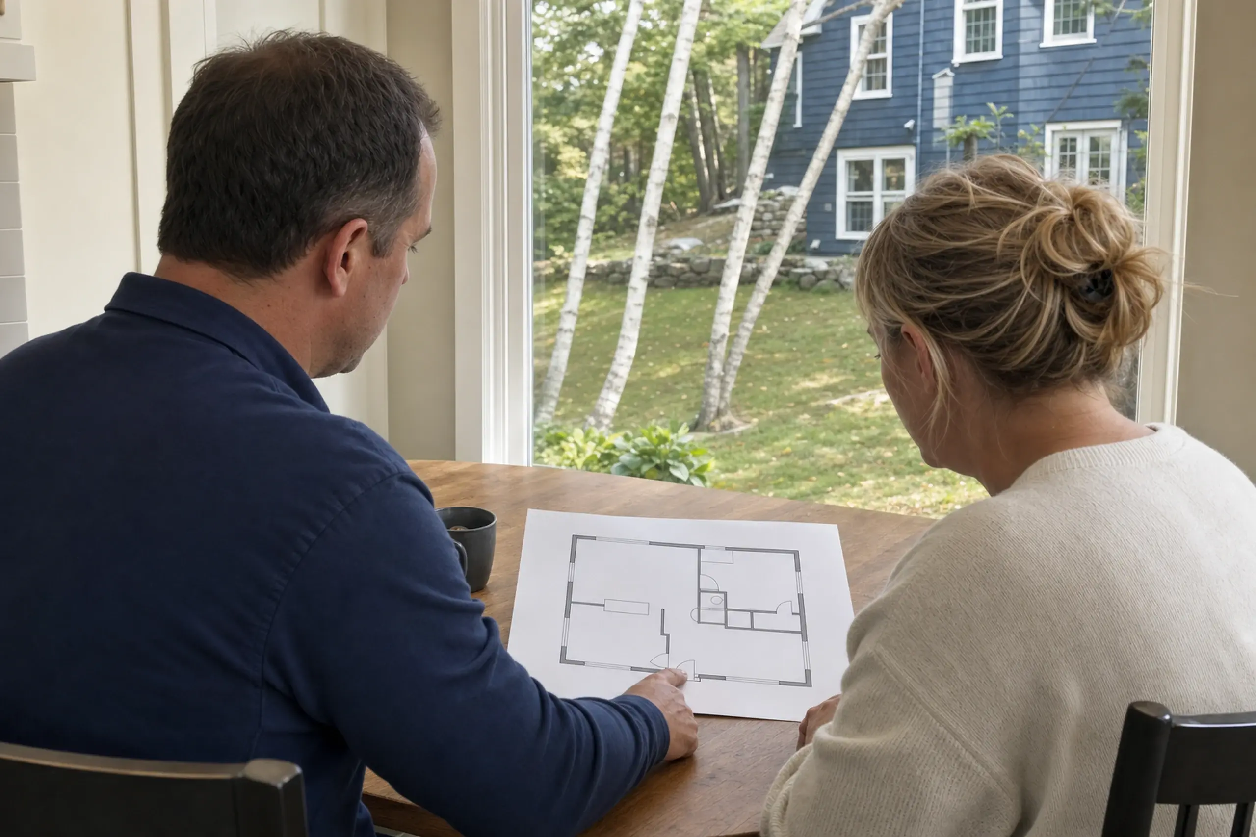 Two people sit at a wooden table looking at a floor plan paper near a window with a blue house outside.