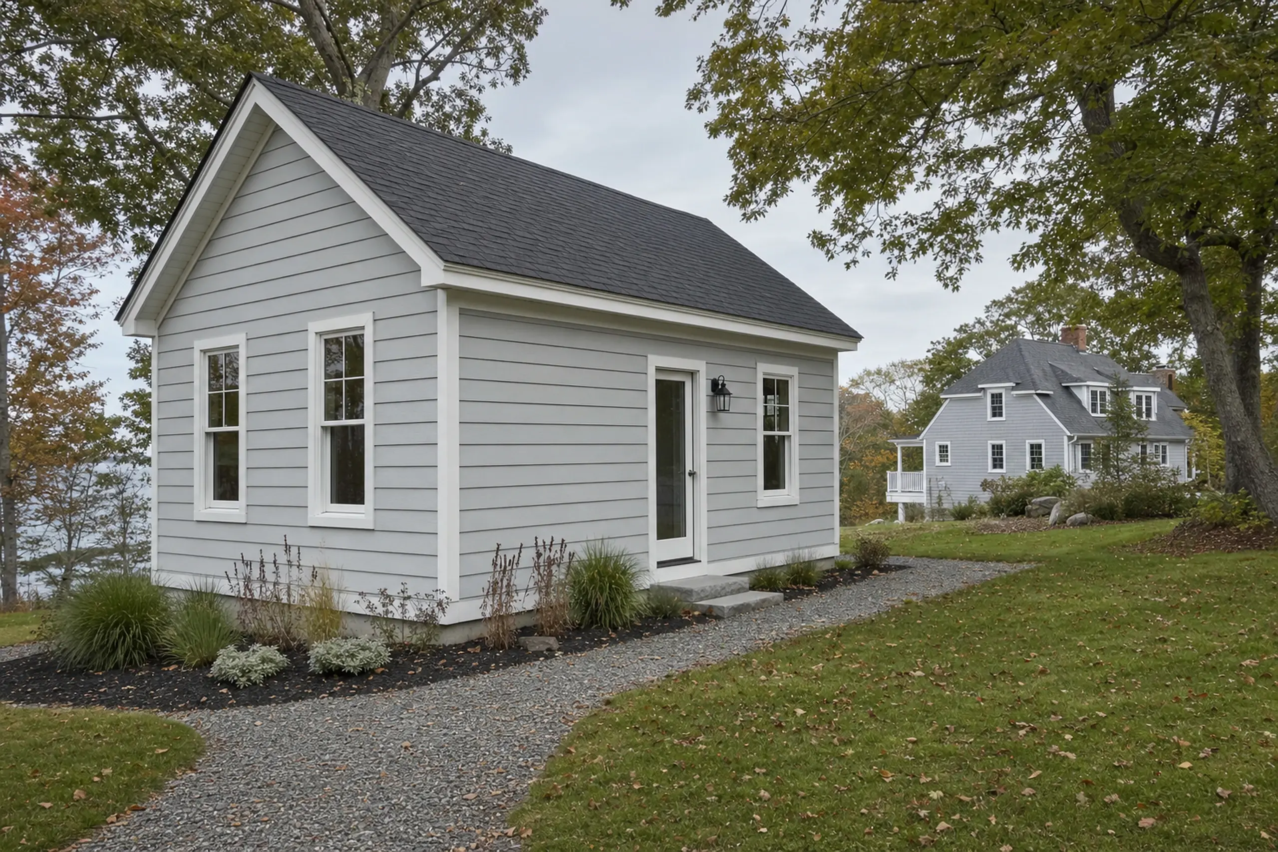 Small gray house with white trim and black roof in a grassy yard with trees.