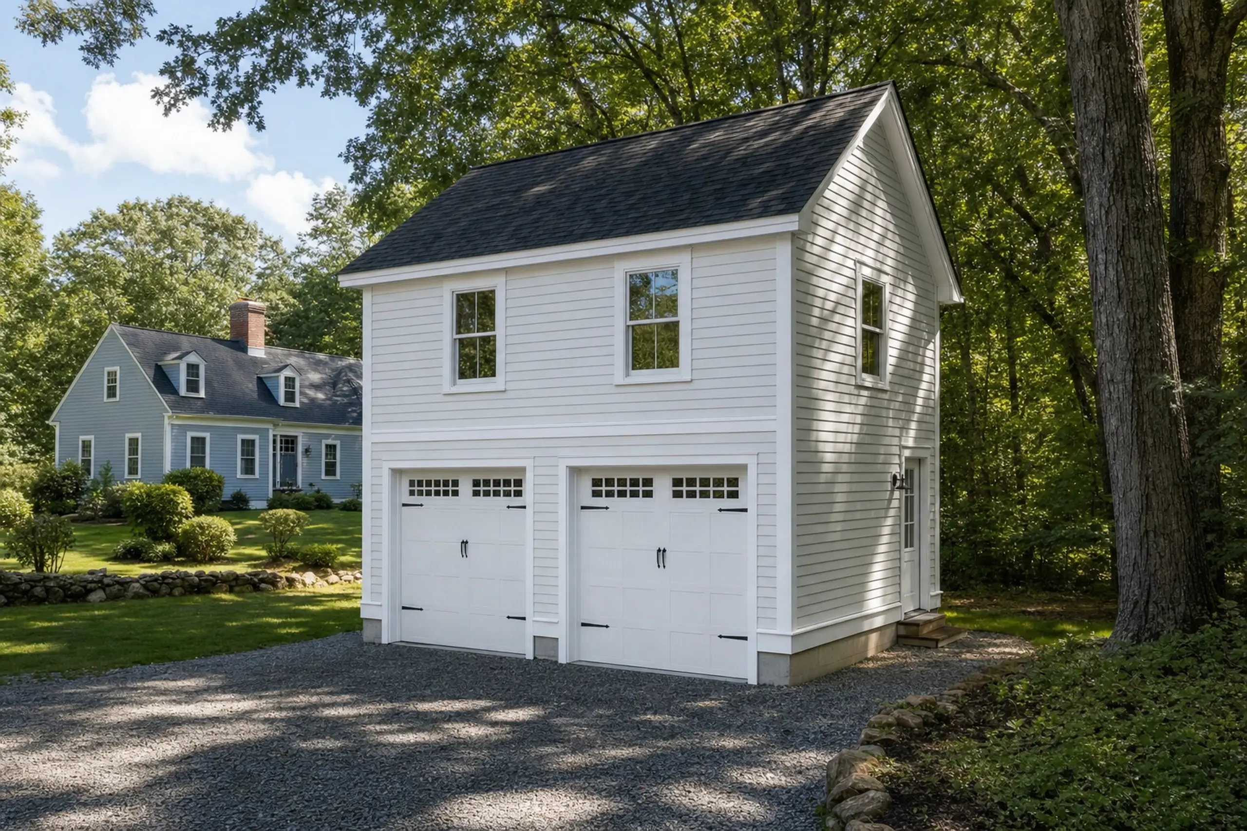 White two-car garage with black roof in a wooded setting and gravel driveway.