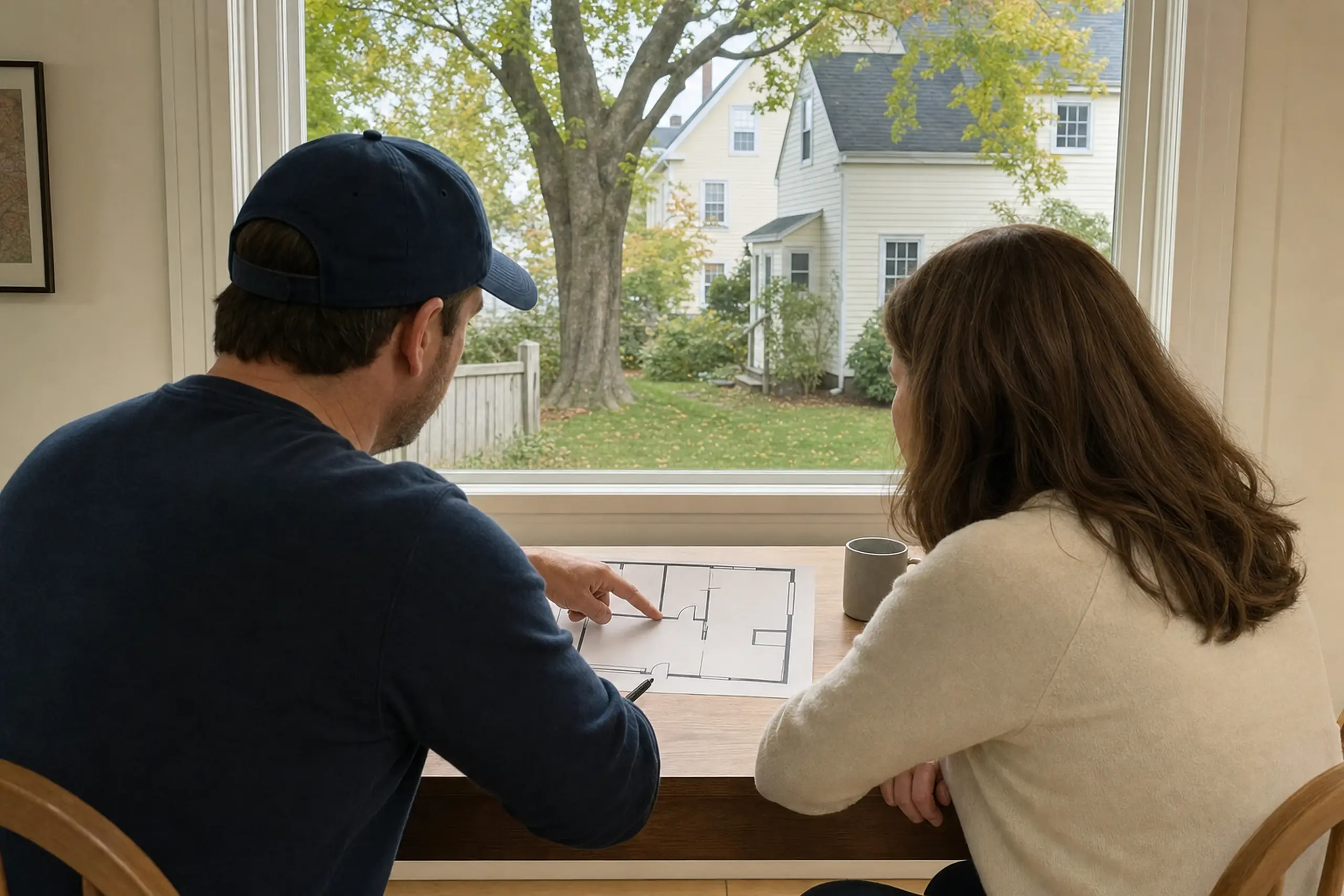 Two people sit at a wooden table inside, looking at a floor plan with a white house visible outside the window.