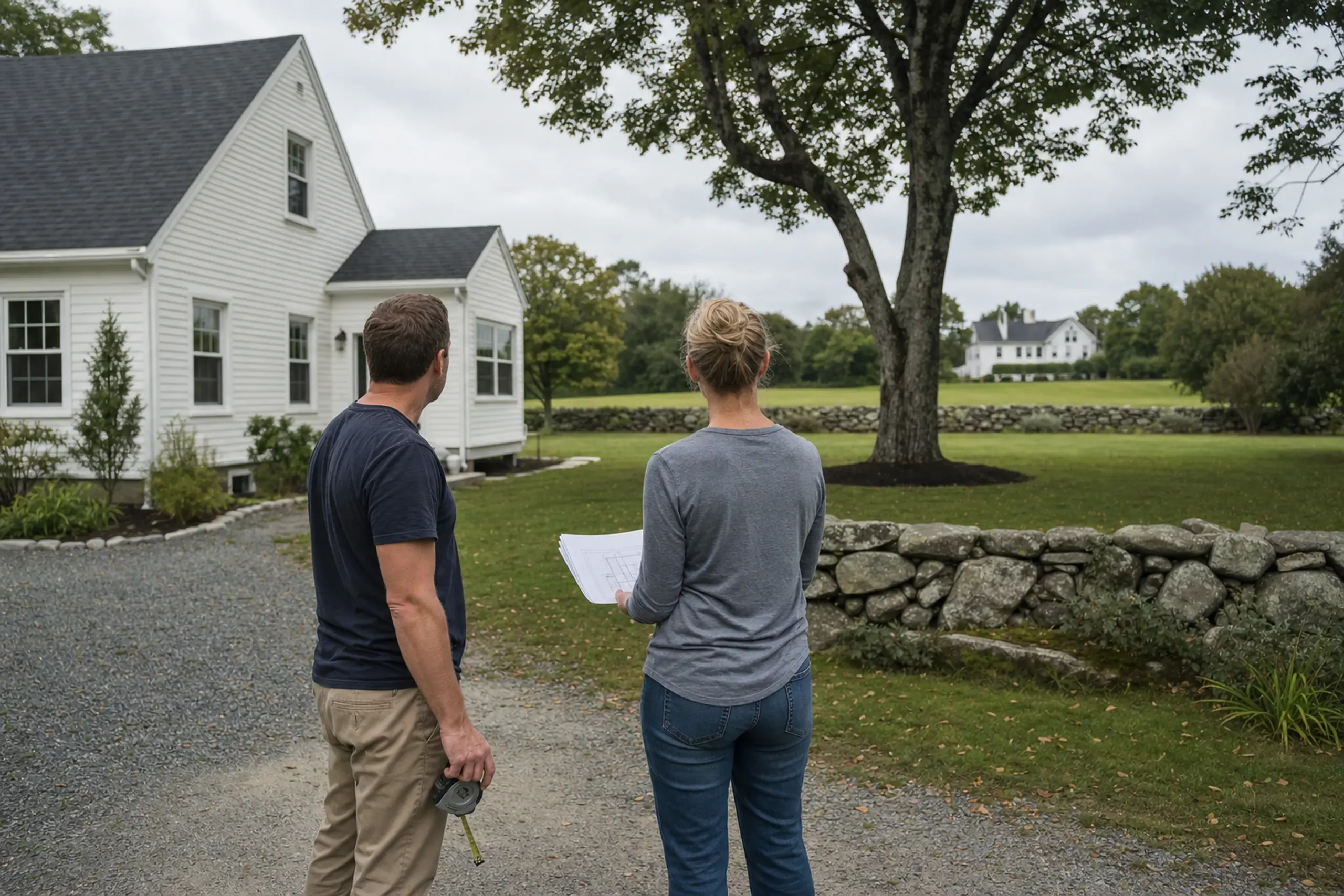 Two people stand on a gravel path near a white house with a large tree and stone wall in the background.