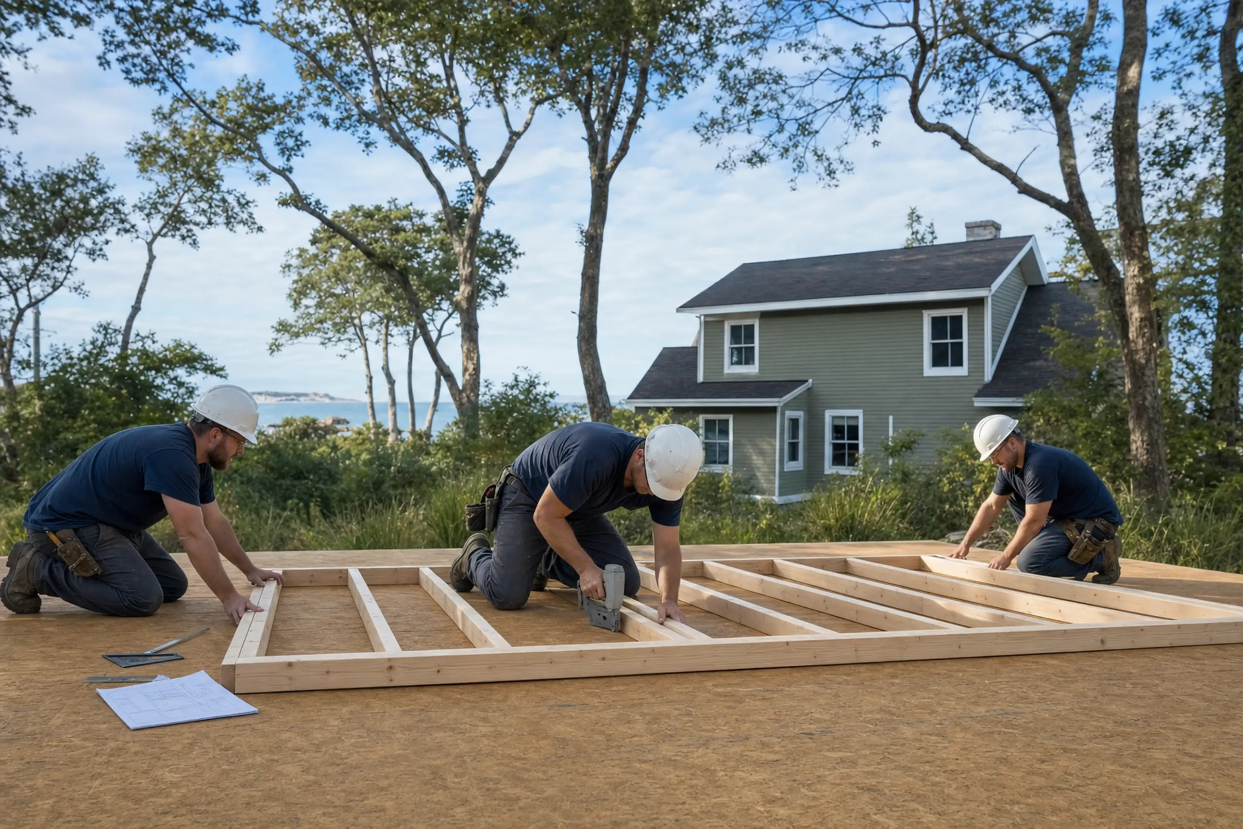 Three workers in white helmets assembling a wooden frame on a brown surface outdoors near a green house.