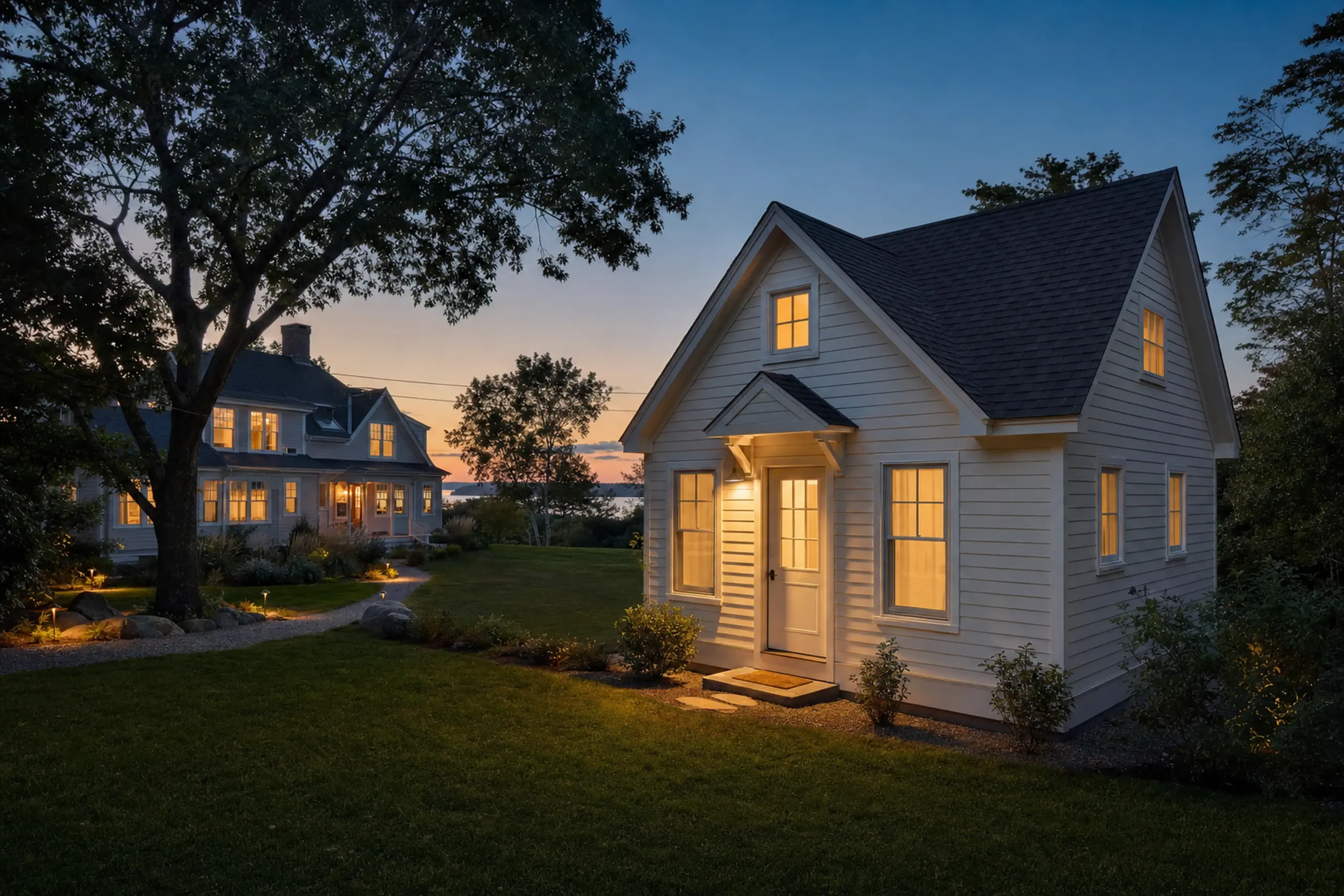 Two white houses with lit windows at dusk, surrounded by trees and a grassy yard.