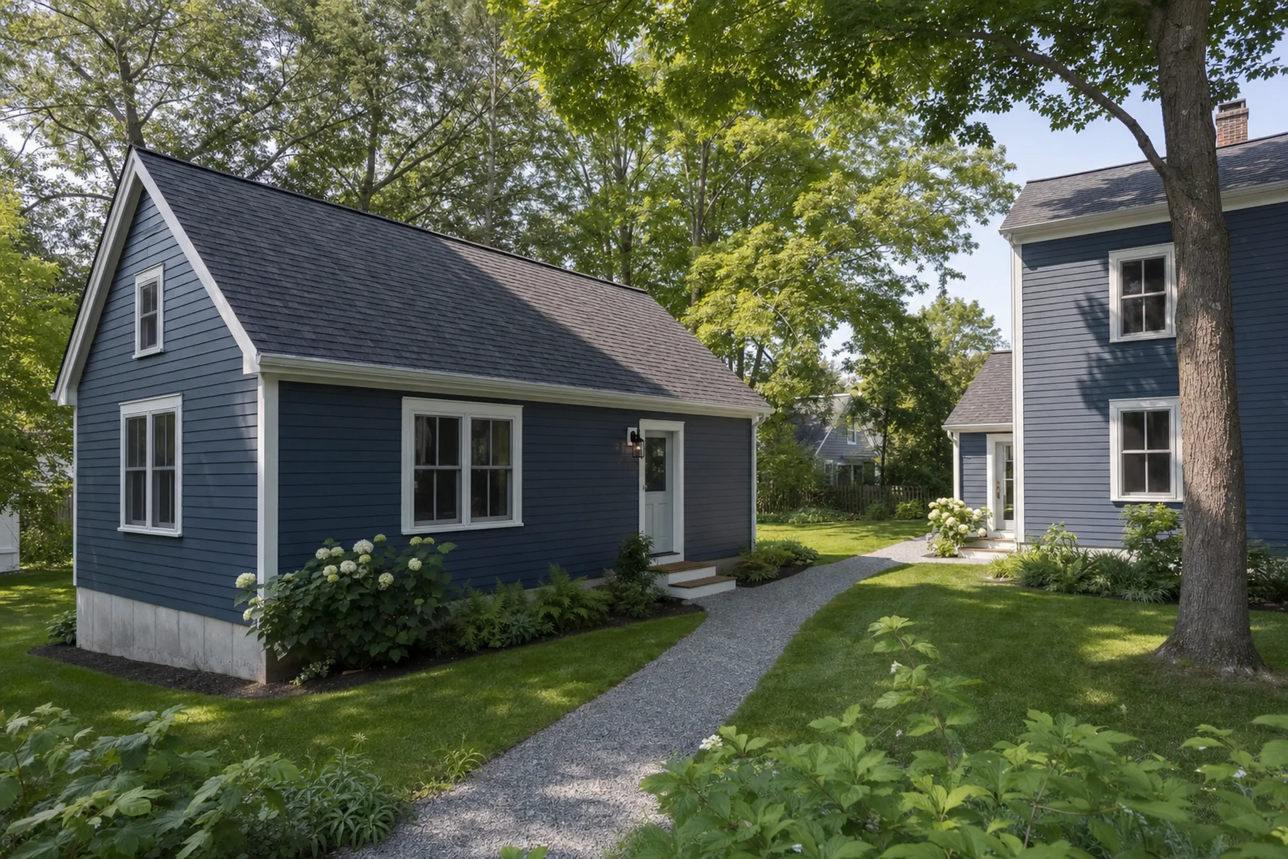 Blue wooden houses with white trim in a green yard with trees and a gravel path.
