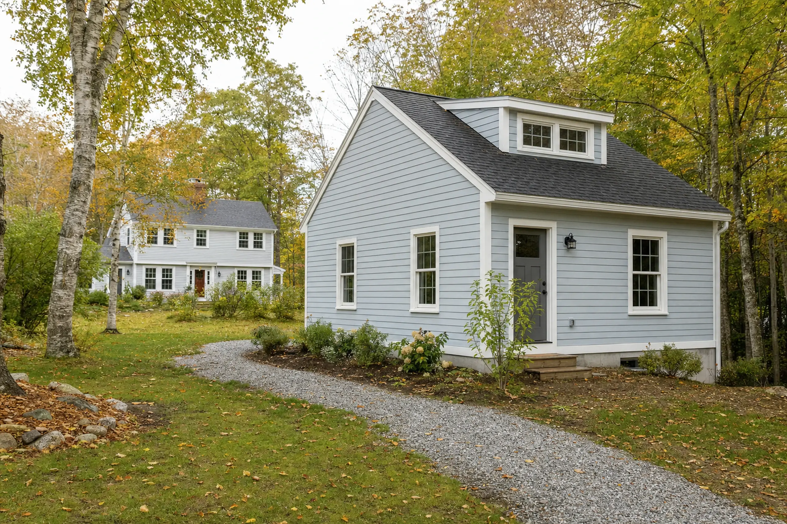 Two light blue and white houses in a wooded area with a gravel path and green lawn.