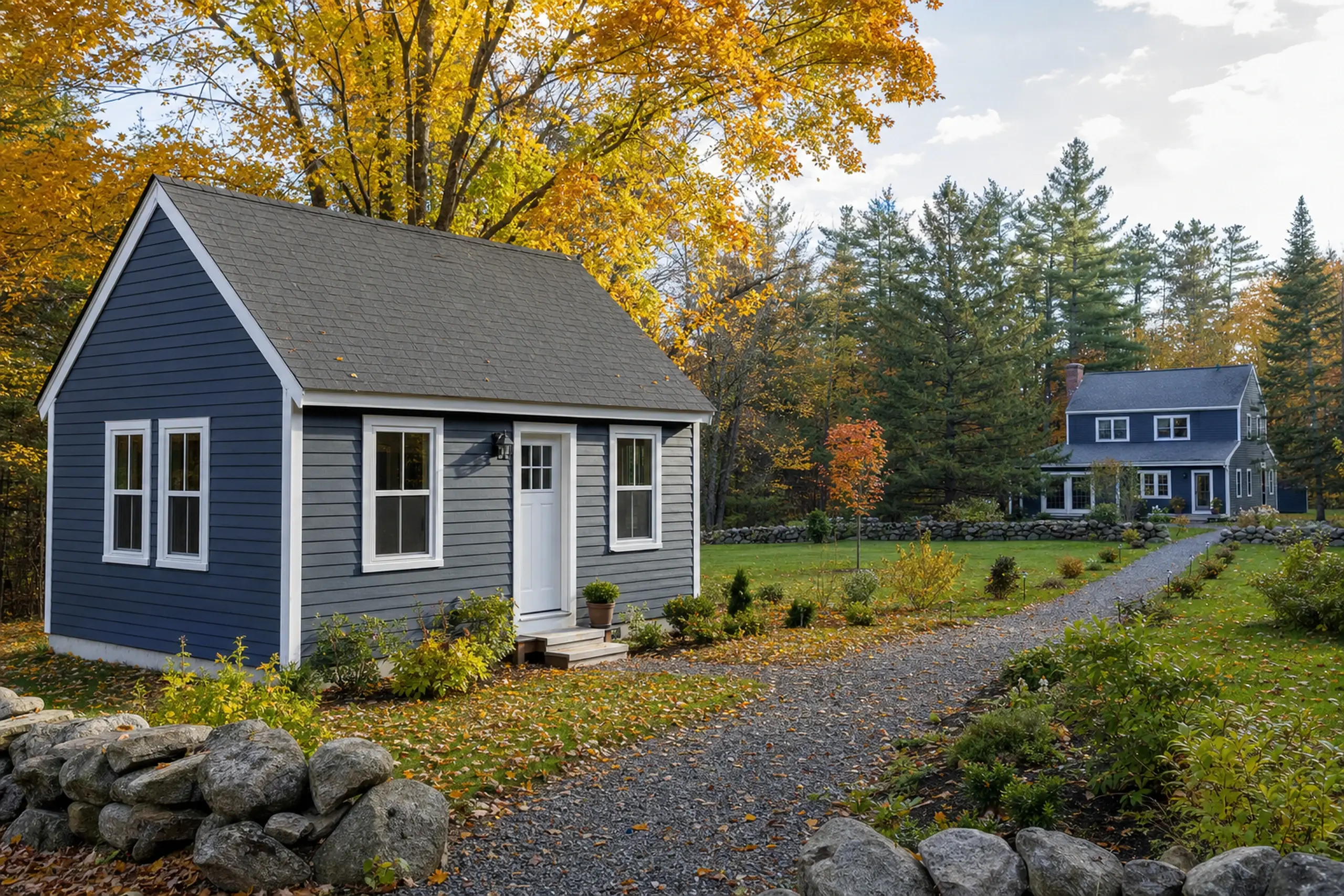 Blue small house with white trim in autumn setting, gravel path leading to larger blue house in background.