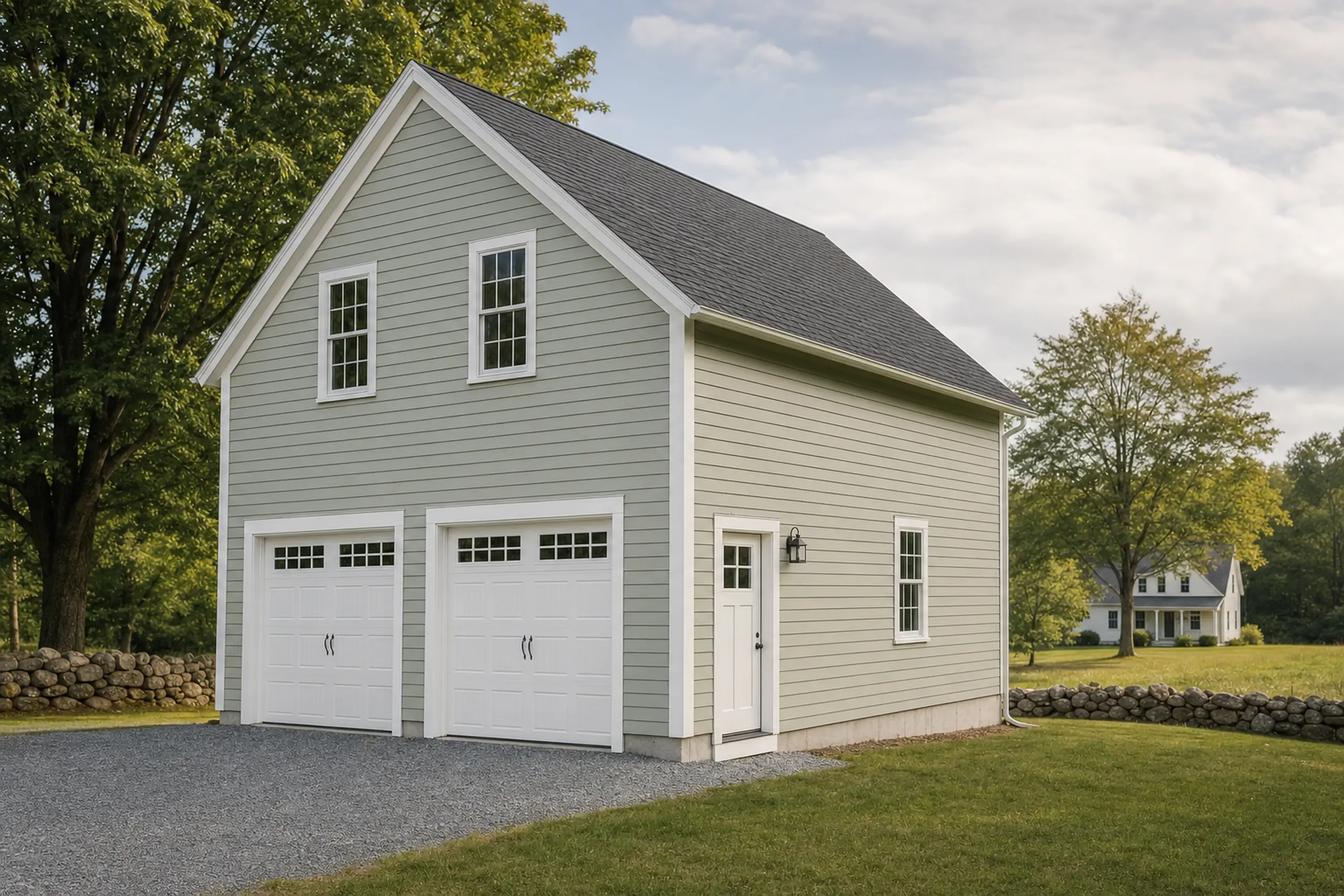 Light green two-car garage with white trim, gravel driveway, and trees in the background.
