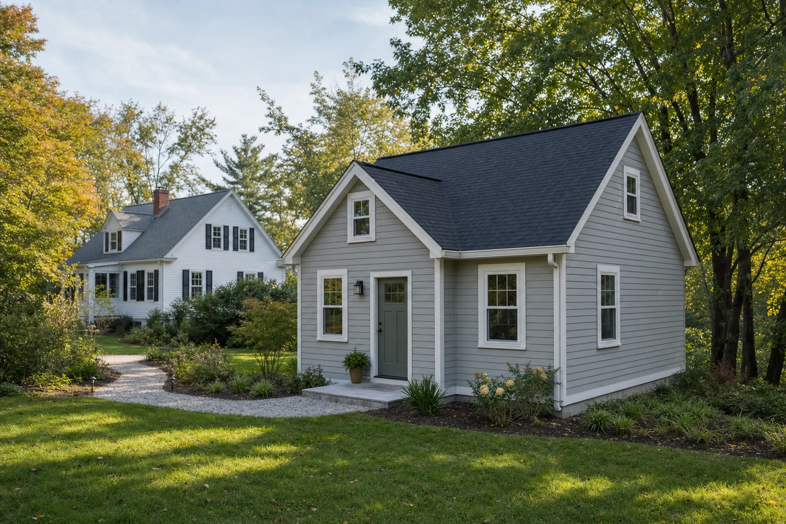 ADU builders in Portland, ME: Two houses in a green yard, one gray with white trim and one white with black shutters.