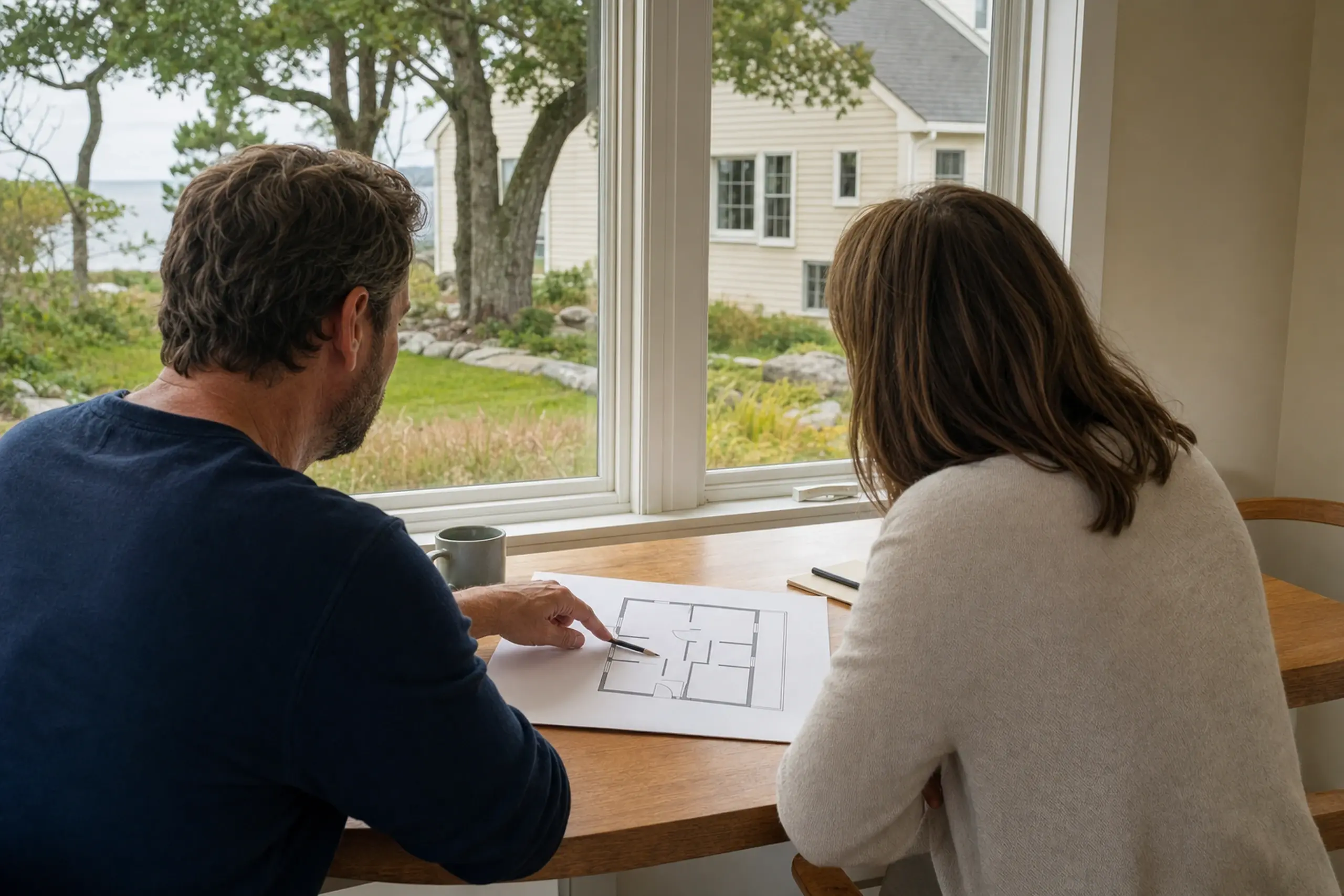Two people sit at a wooden table inside, looking at a floor plan near a window with a beige house outside.