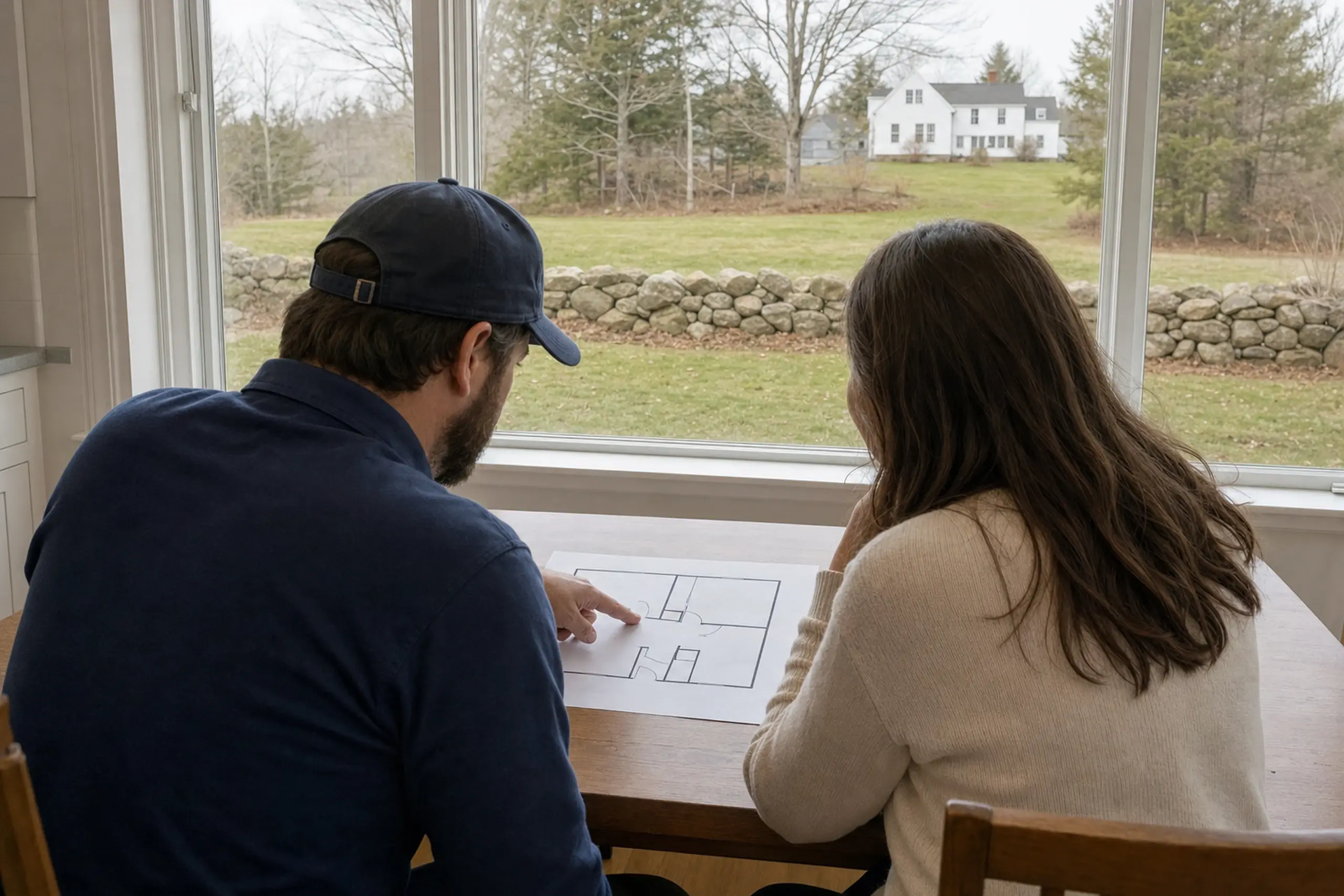 Two people sit at a wooden table inside, looking at a floor plan with a white house visible outside.