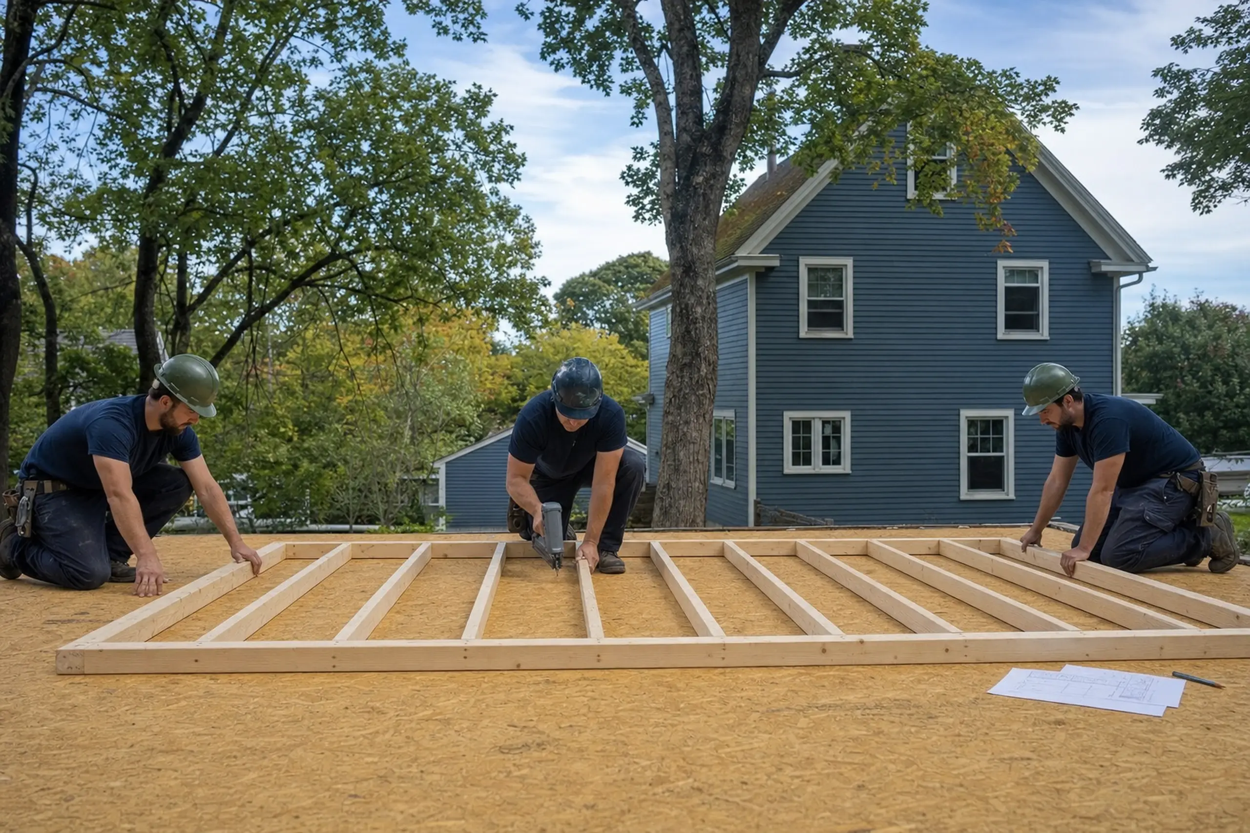 Three workers in helmets assembling a wooden frame on a plywood surface outdoors near a blue house.