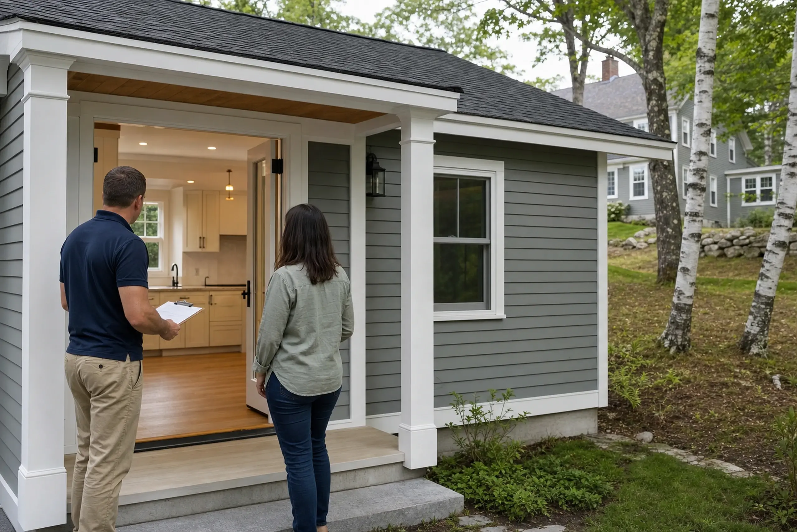 Gray house with white trim, open door, two people standing outside on a porch.