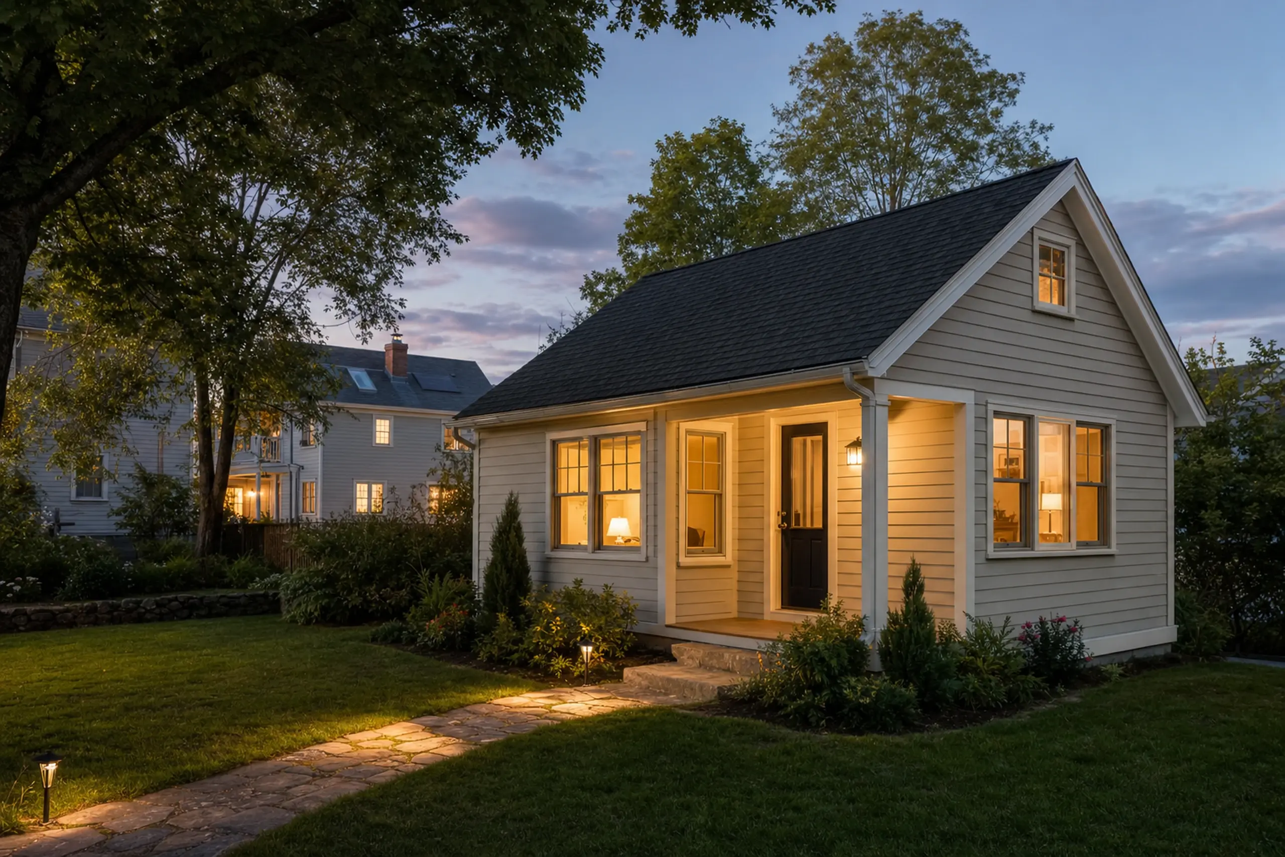 Small beige house with black roof and lit windows in a garden at dusk.