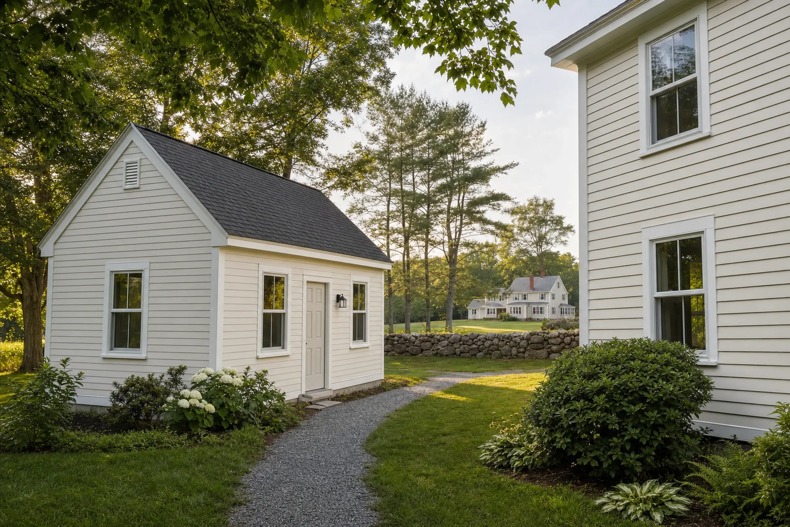 White small and large houses with black roofs in a green garden setting with trees and stone wall.