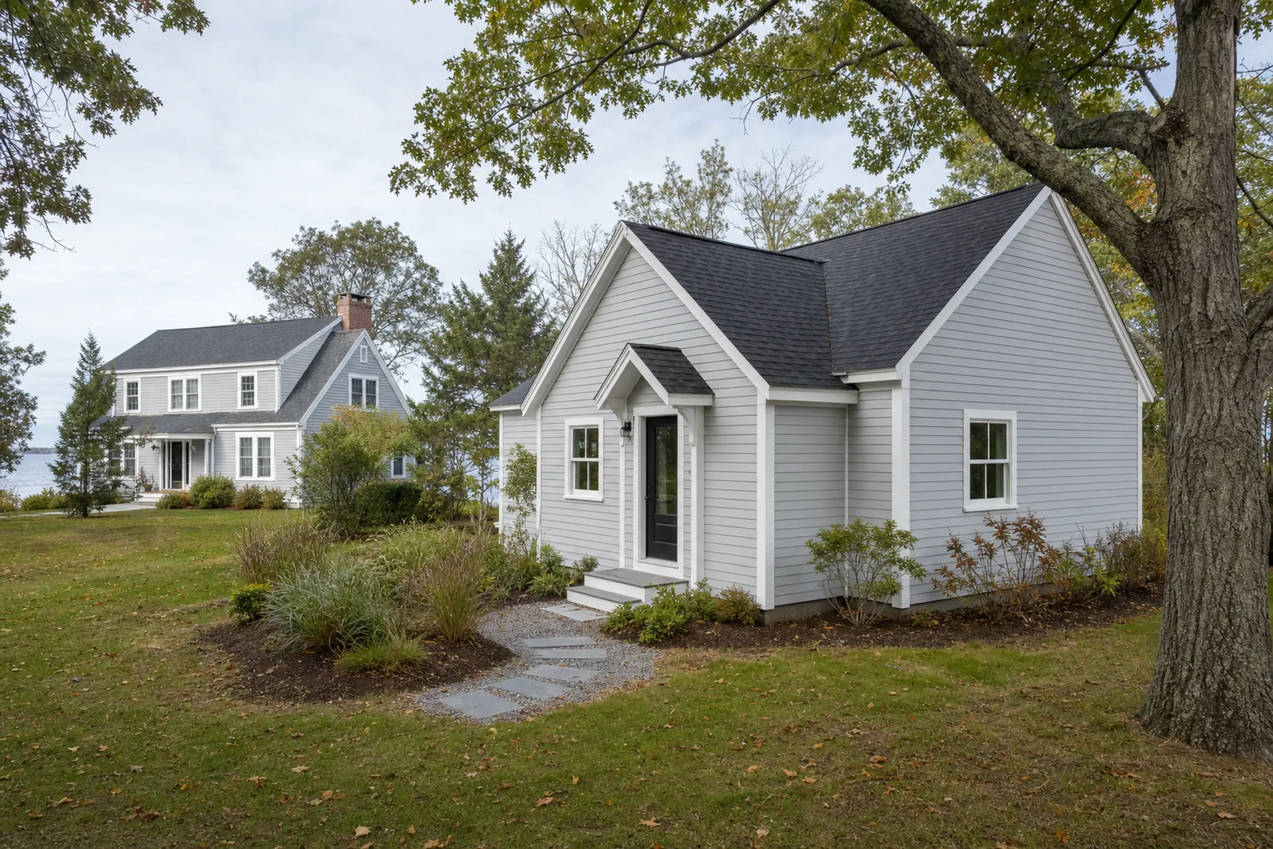 Two gray houses with black roofs in a grassy yard with trees and shrubs.
