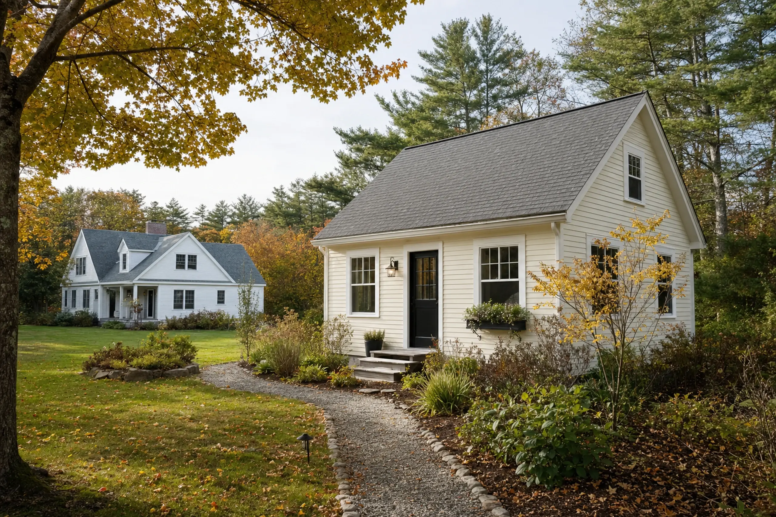 Two white houses with gray roofs in a green yard with trees and a gravel path.