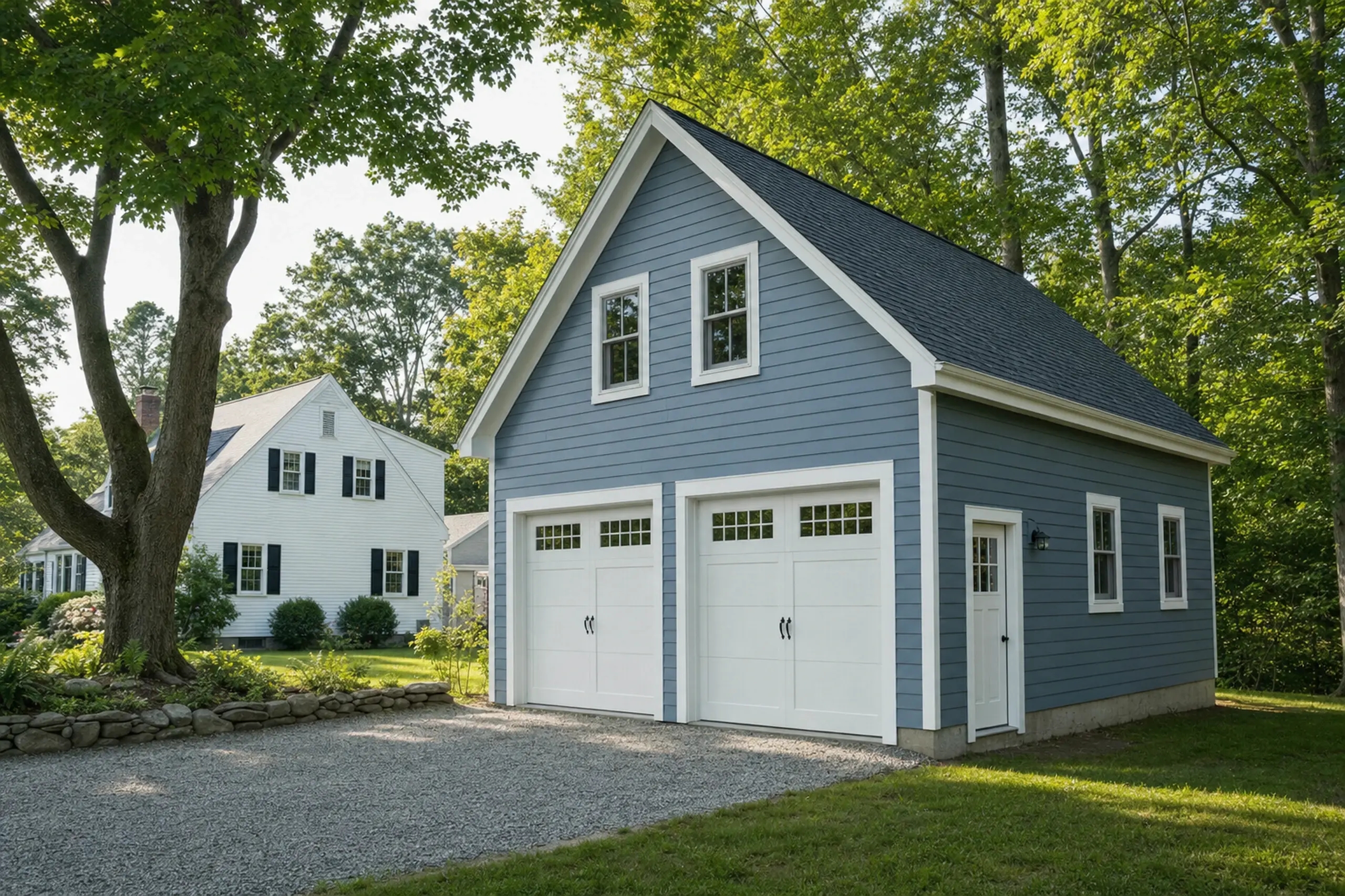 Blue garage with white trim and two doors, set in a green yard with trees and a white house nearby.