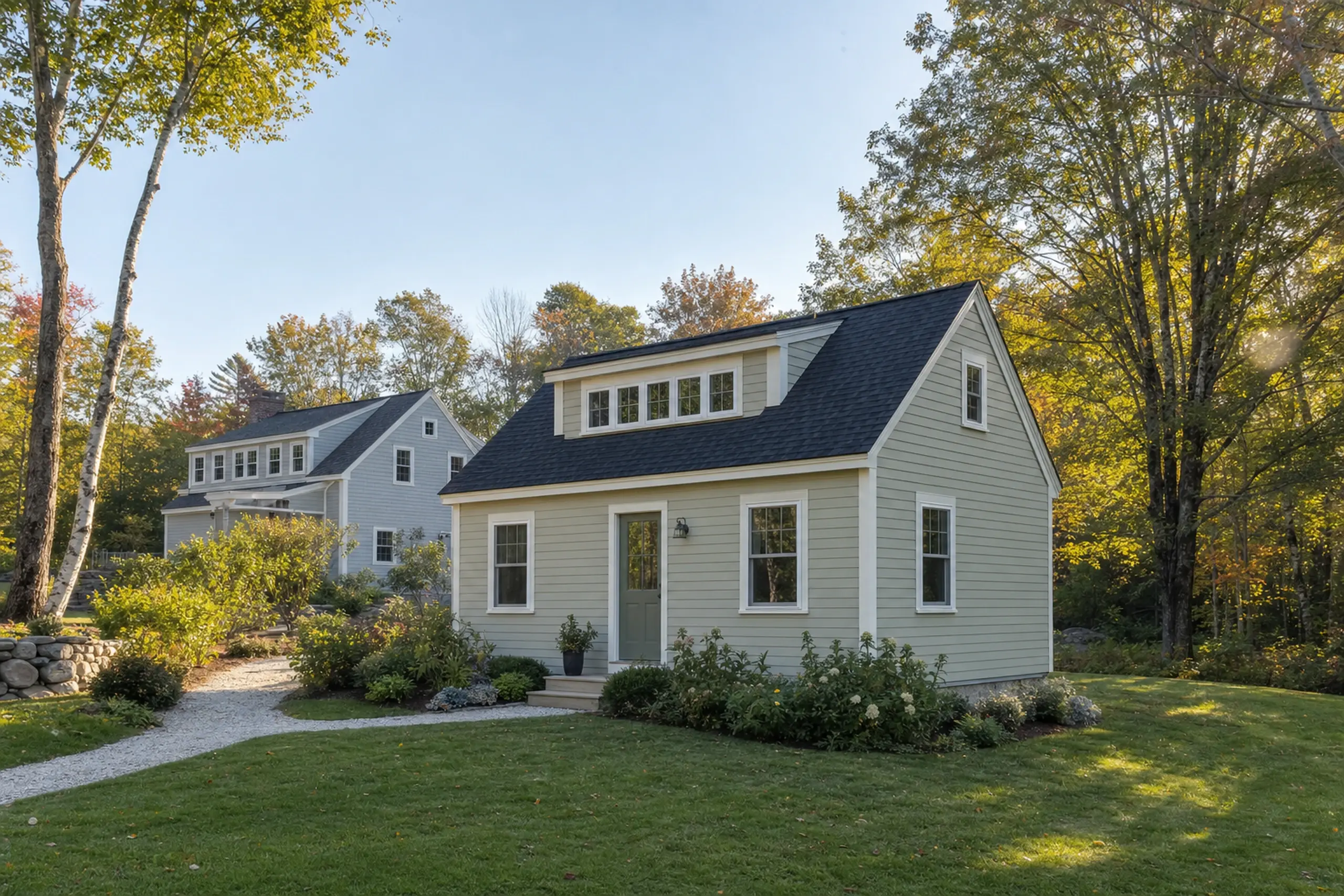 ADU builders in Saco, ME: Light gray house with dark roof in a green yard surrounded by trees and another house in background.