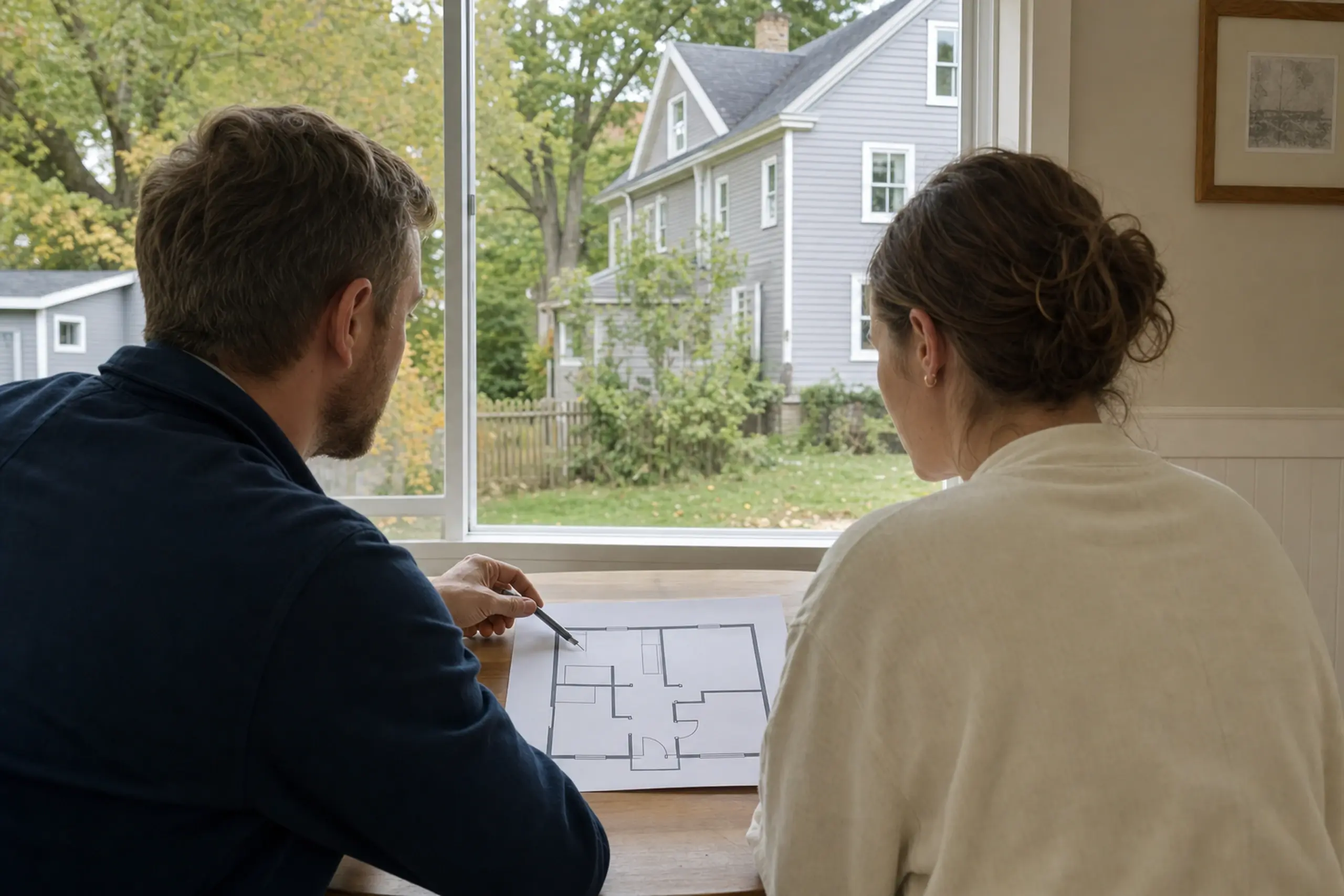 Two people sit indoors at a wooden table looking at a floor plan, with a gray house visible outside.