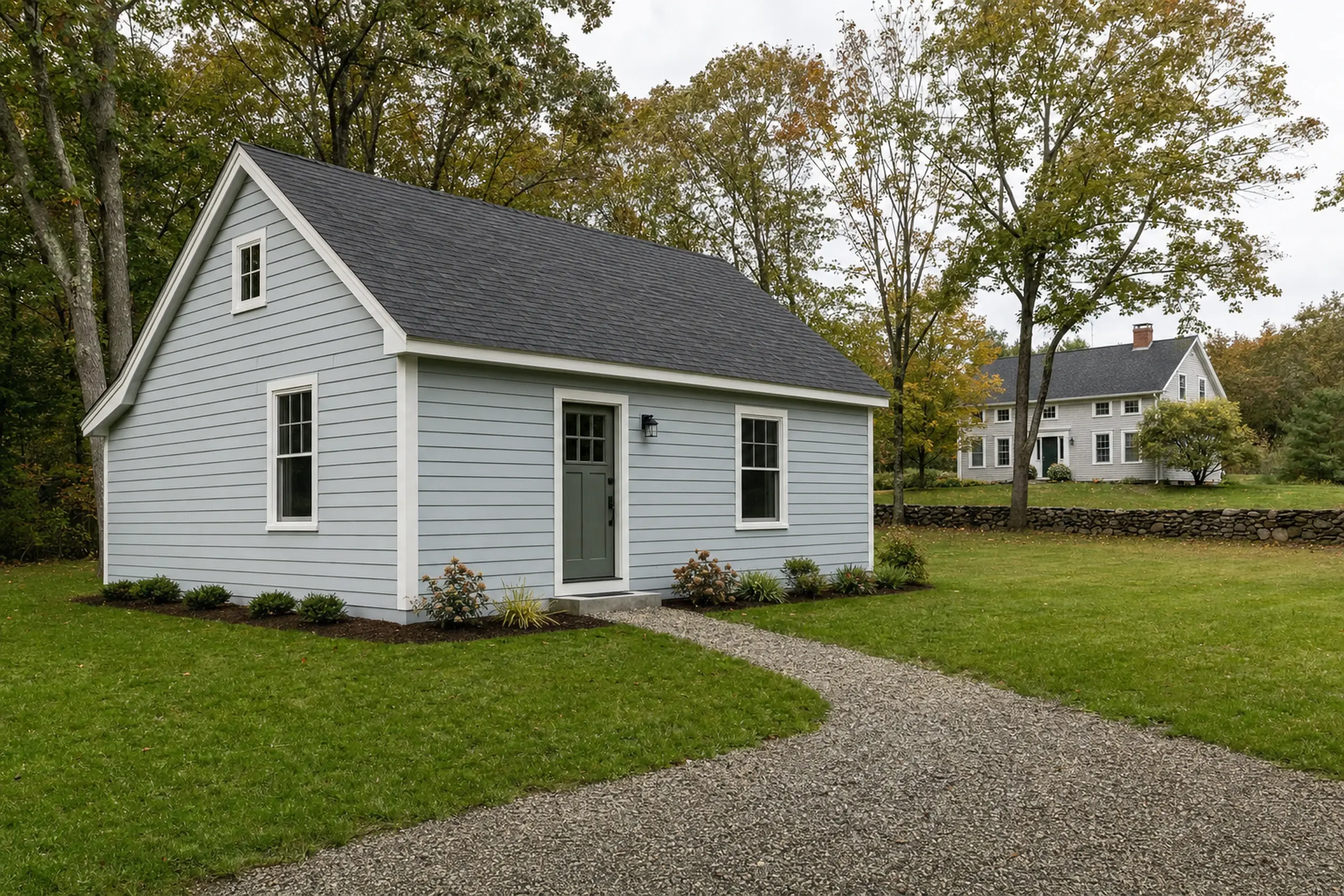 Small light blue house with dark roof and green door in a grassy yard with trees and a stone wall.