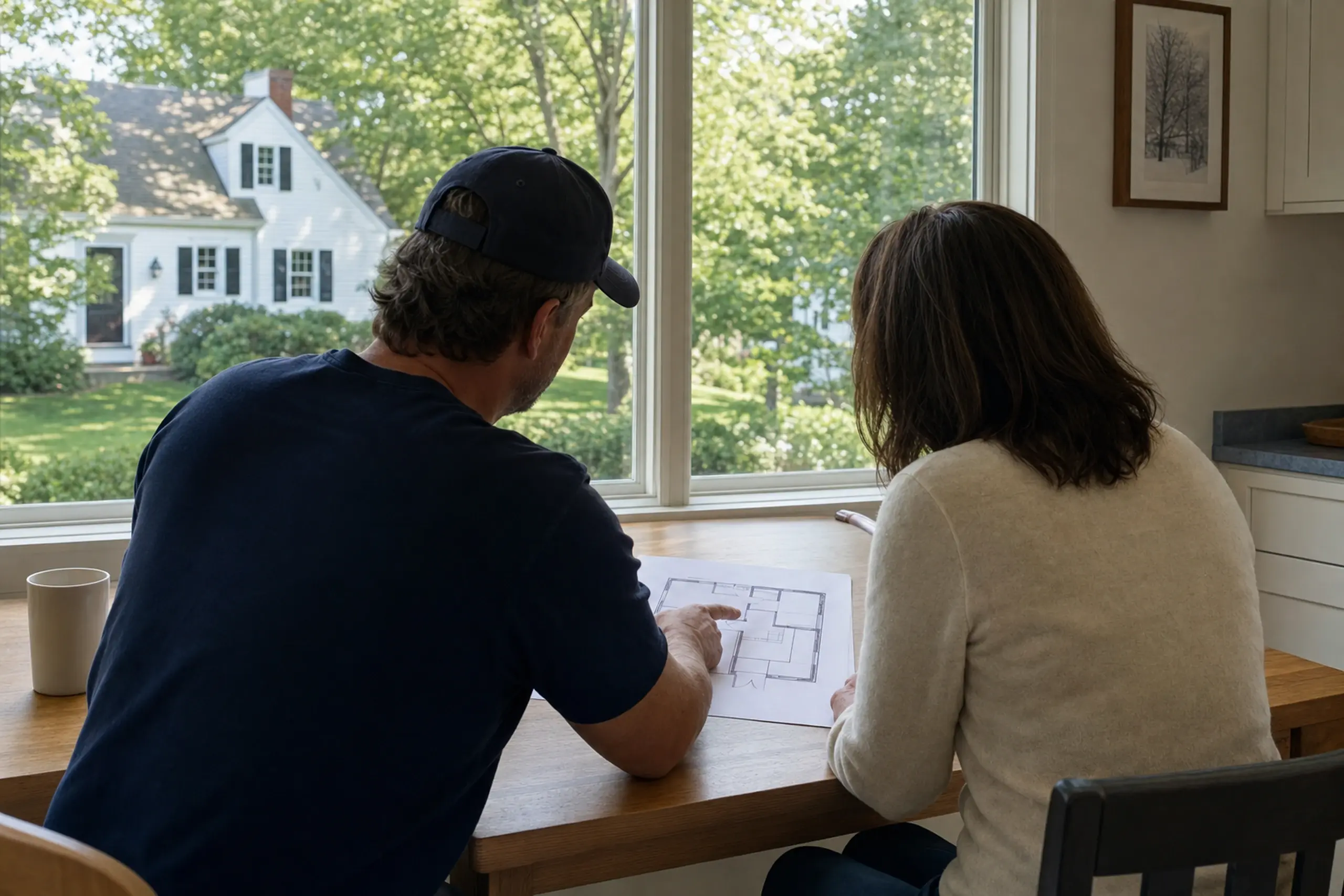 Two people sit at a wooden table inside, looking at a floor plan with a white house visible outside the window.