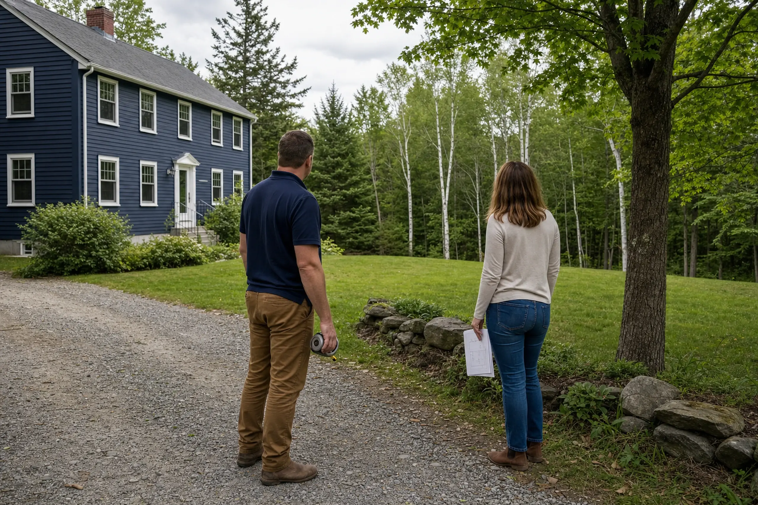 Two people stand on a gravel path near a blue two-story house with white trim in a green wooded area.