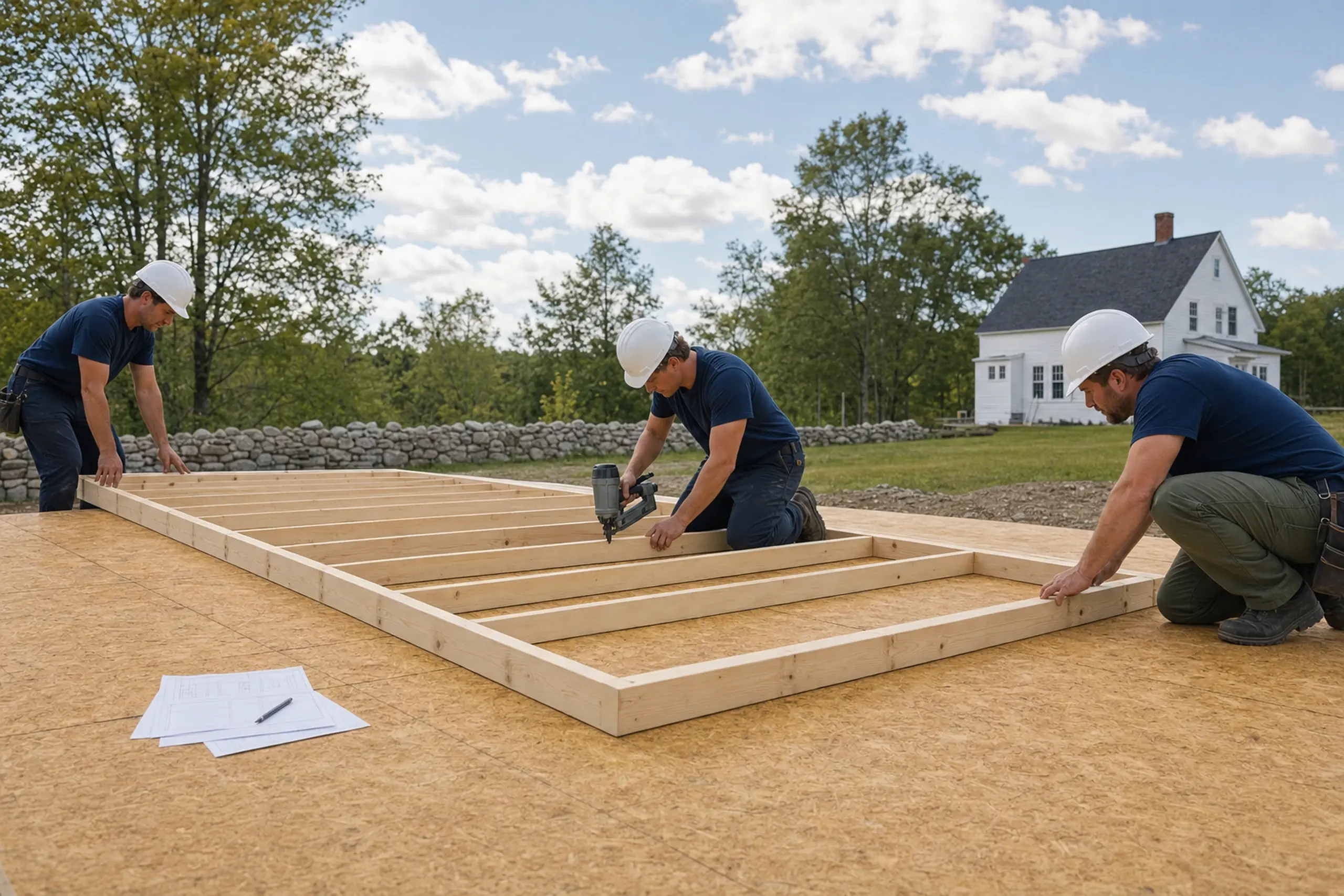 Three men in hard hats assembling a wooden frame on a plywood floor outdoors near a white house.