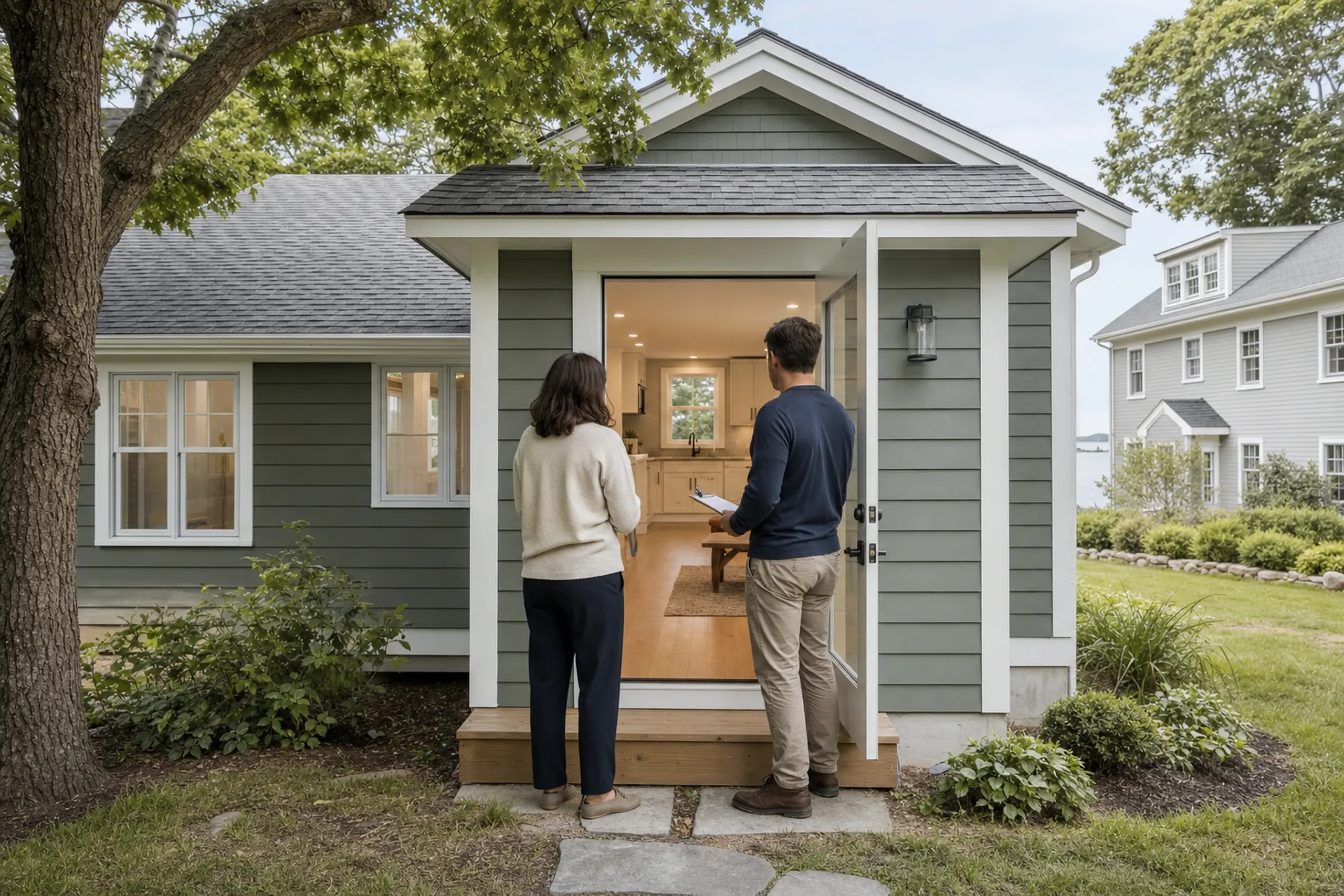 Green house with white trim, open door, two people standing outside on stone path.