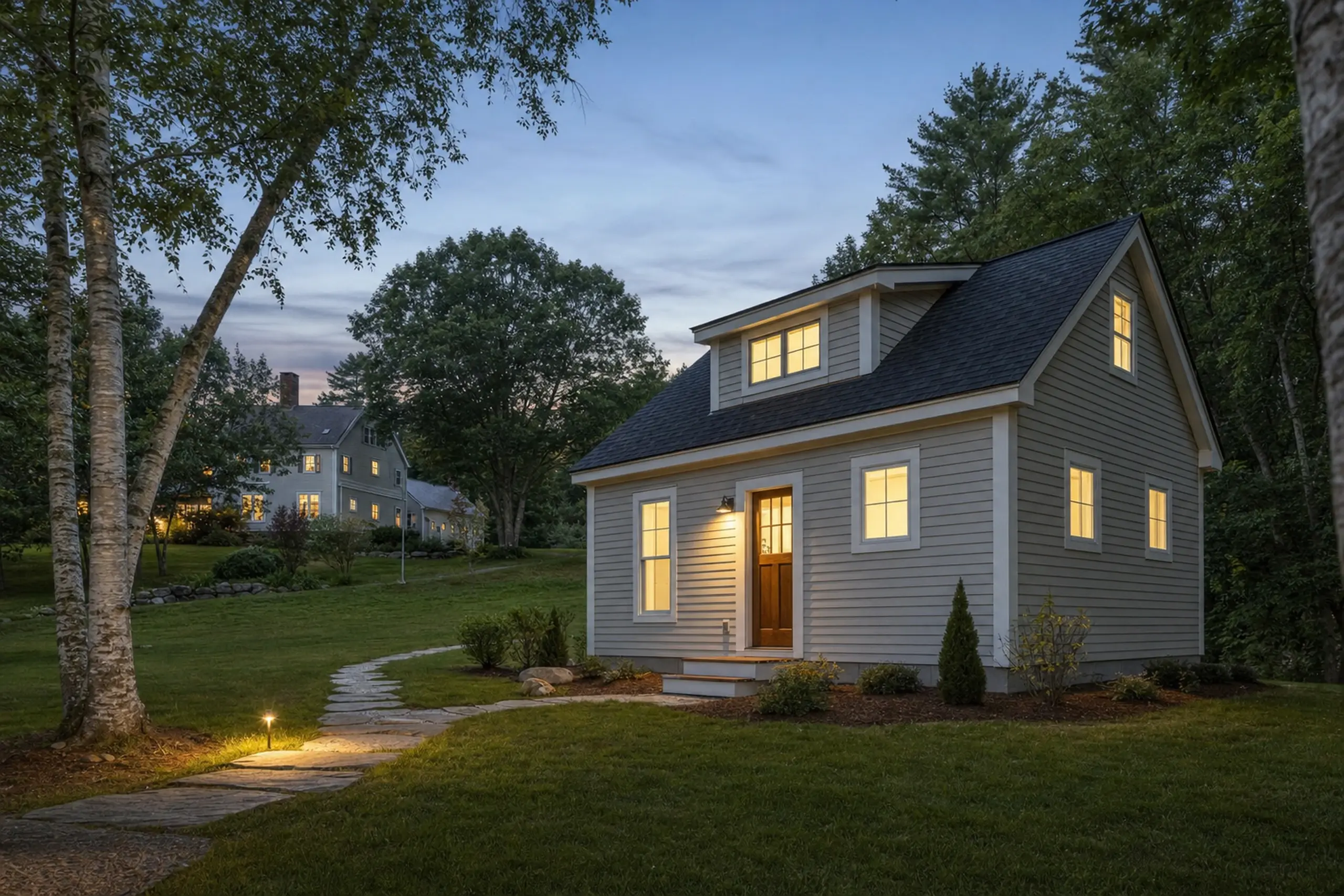 Small gray house with lit windows in a grassy yard at dusk with trees and a stone path.