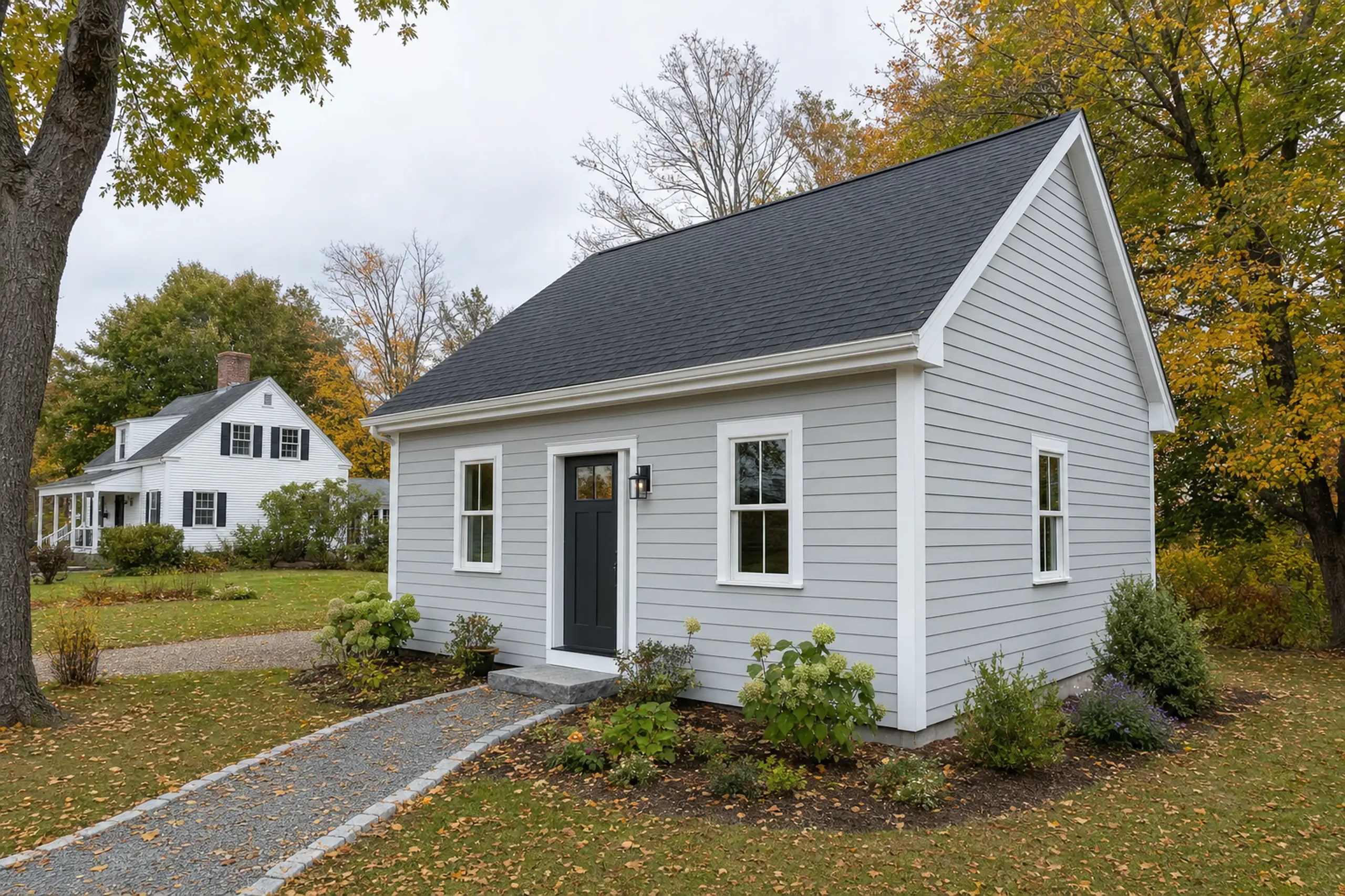 Small gray house with black door and white trim in a leafy yard with autumn foliage.