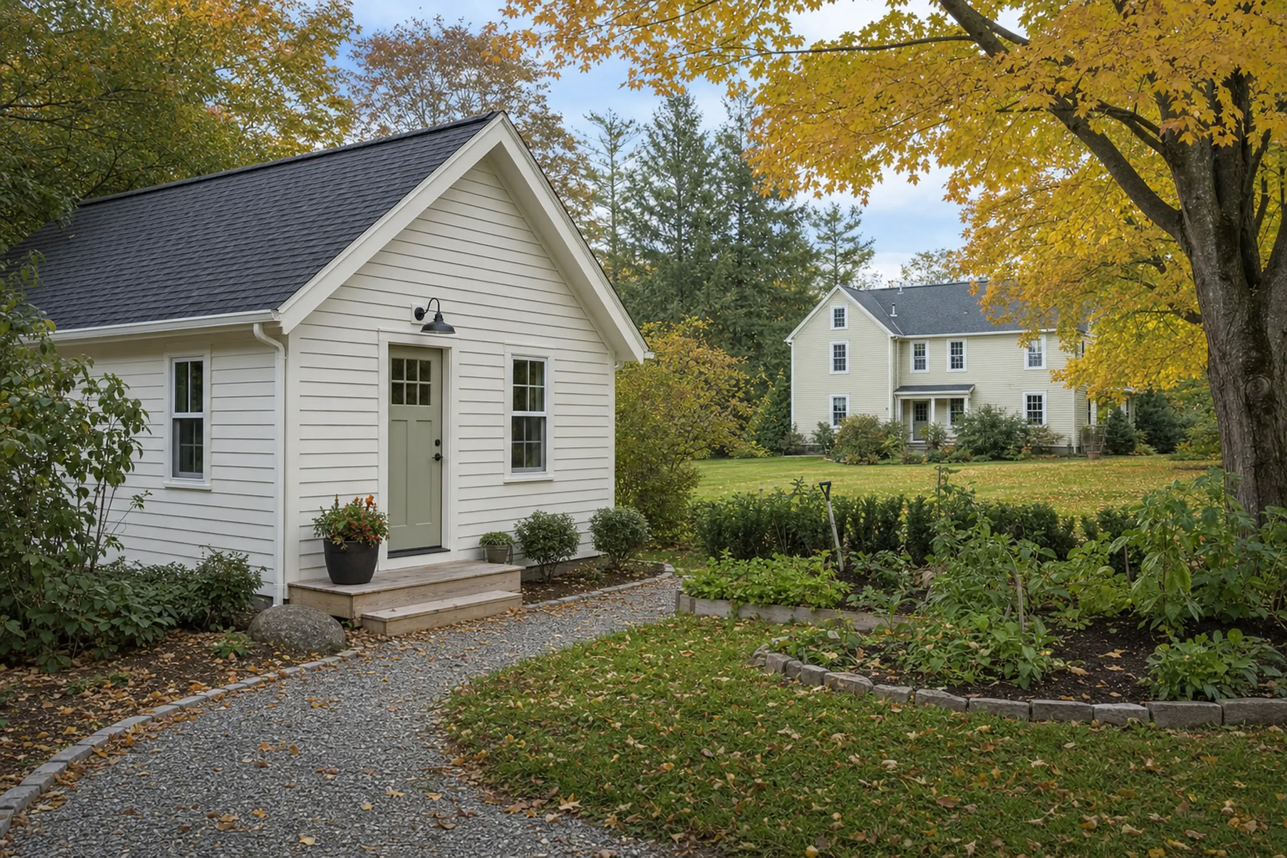 Two cream-colored houses with dark roofs in a garden setting with trees and plants.