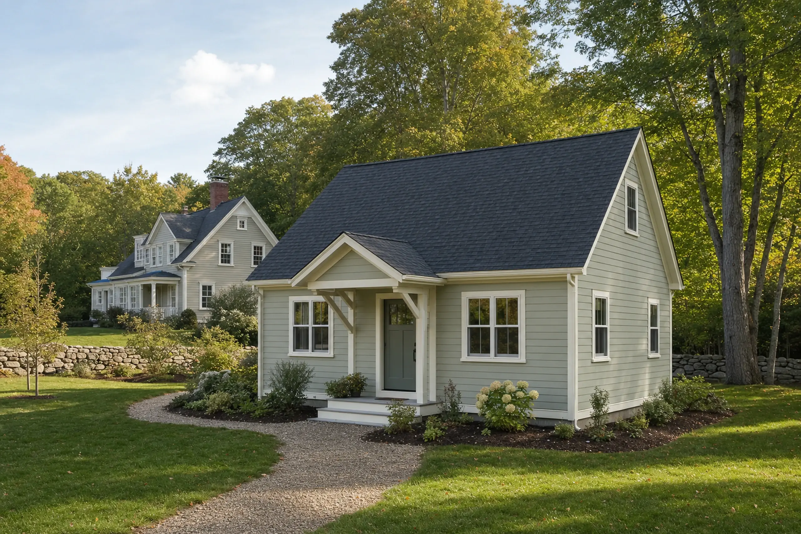 ADU builders in Scarborough, ME: Light gray house with dark roof in a green yard with trees and a stone wall in background.