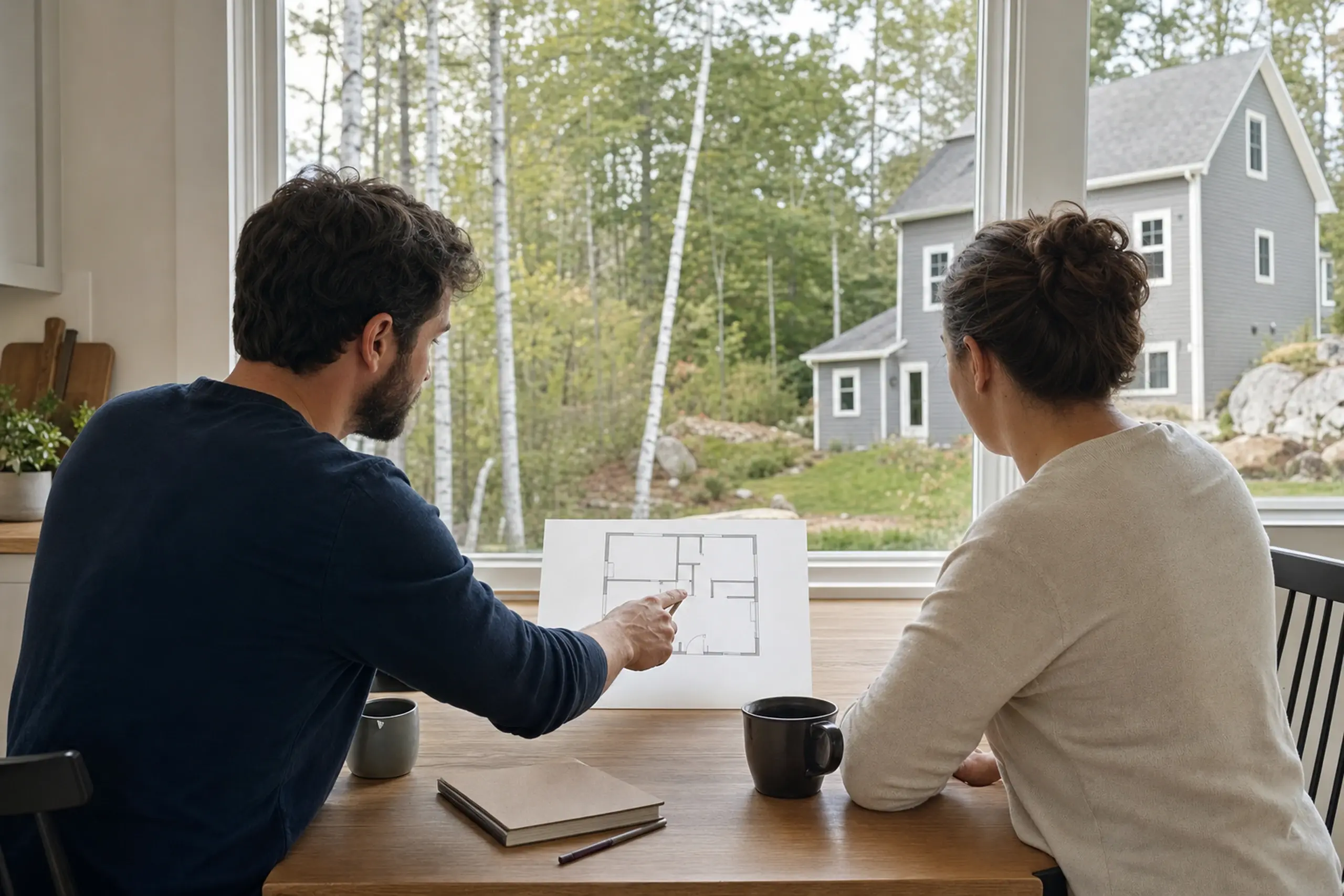 Two people sit at a wooden table inside, looking at a house plan with a gray house visible outside.