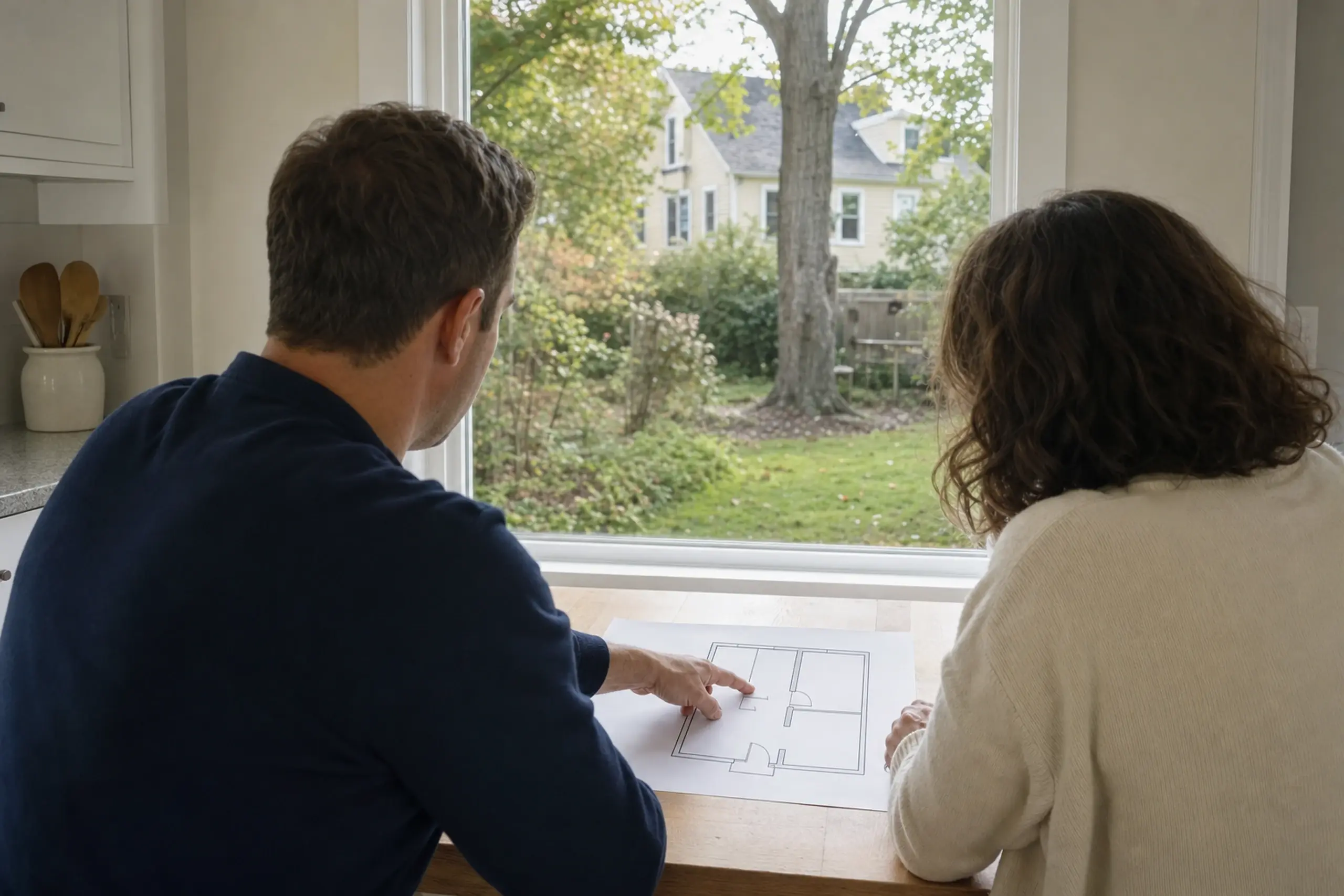 Two people inside a house looking at a floor plan with a garden and yellow house outside.