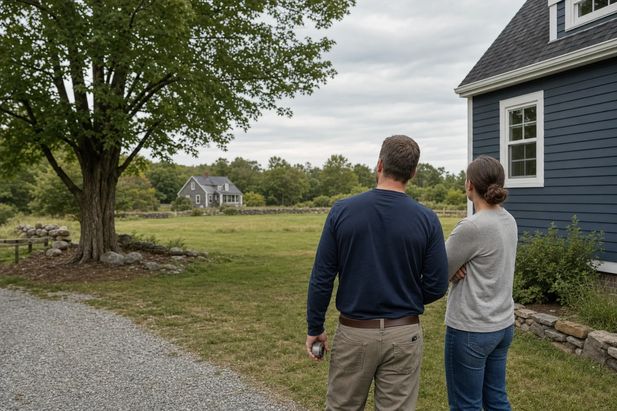 Two people stand near a blue house with white trim, looking at a gray house across a grassy field.