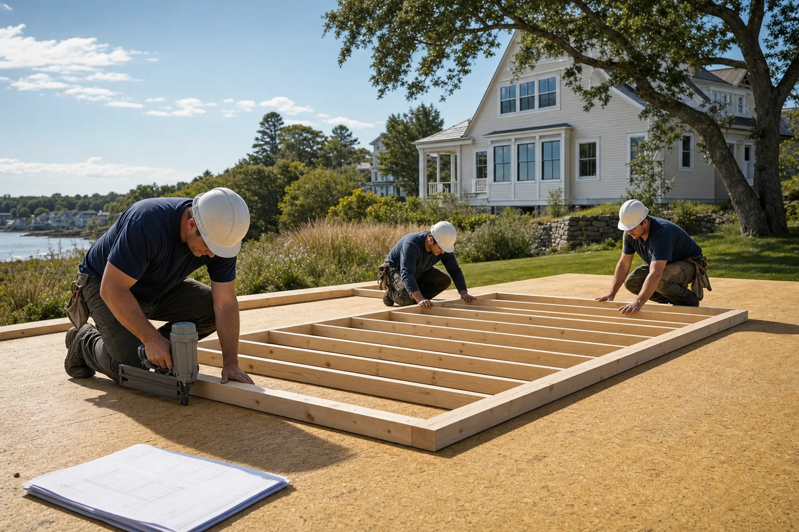 Three workers in white helmets assembling a wooden frame on a plywood floor outdoors near a white house.