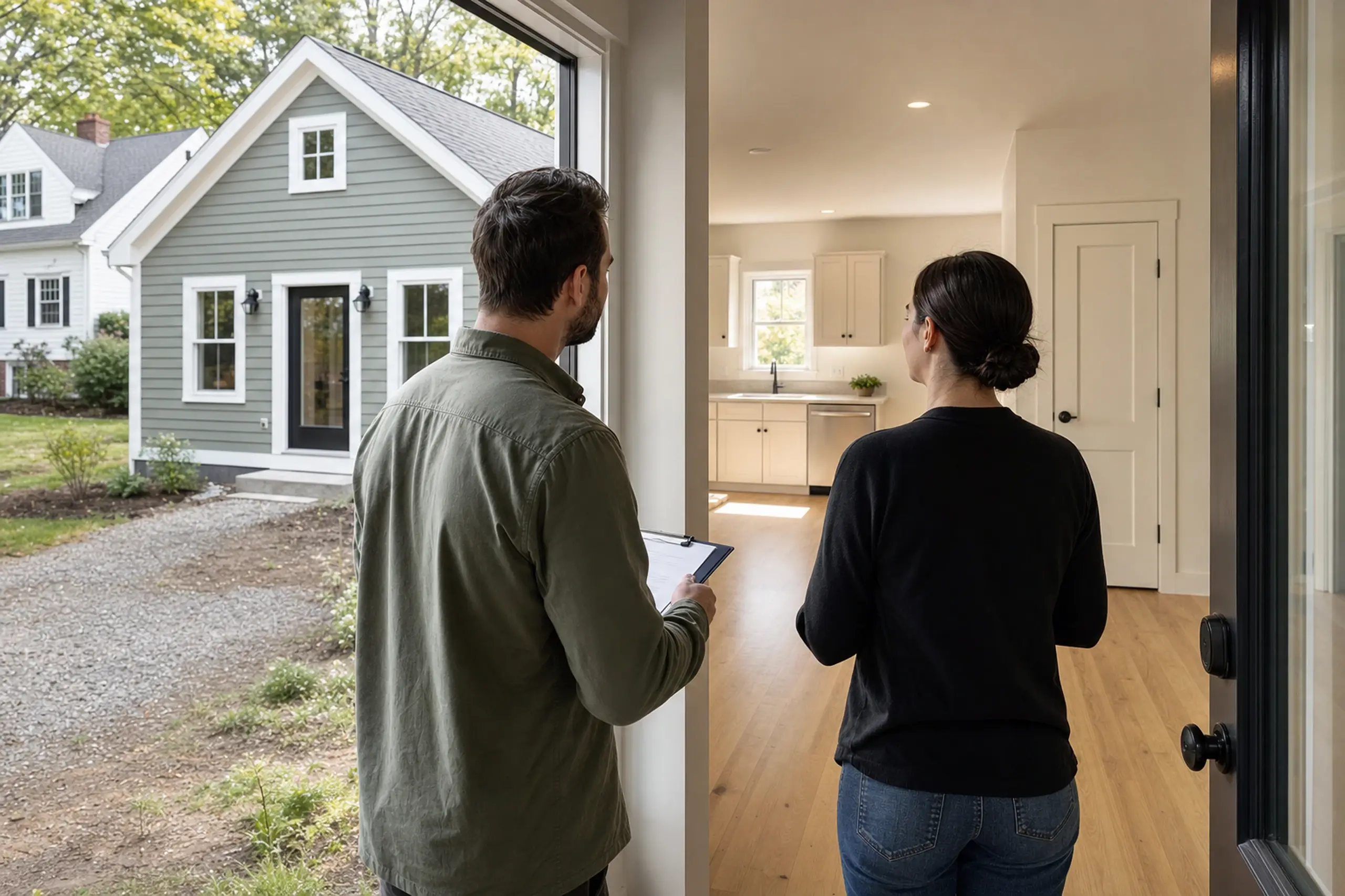 Two people stand inside a house looking out at a gray house with white trim and a gravel driveway.
