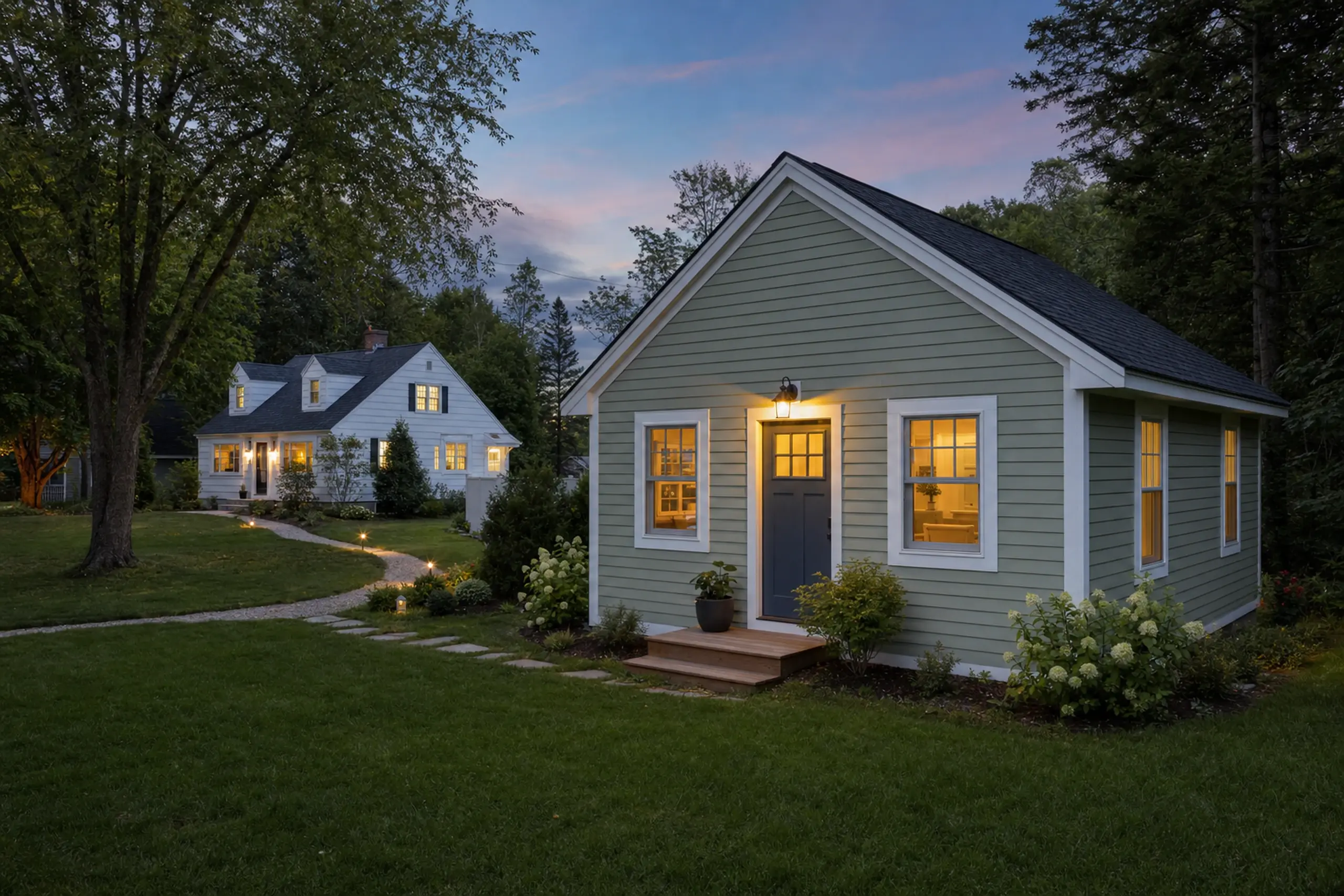 Two houses at dusk with green and white siding, lit windows, and a grassy yard with trees.