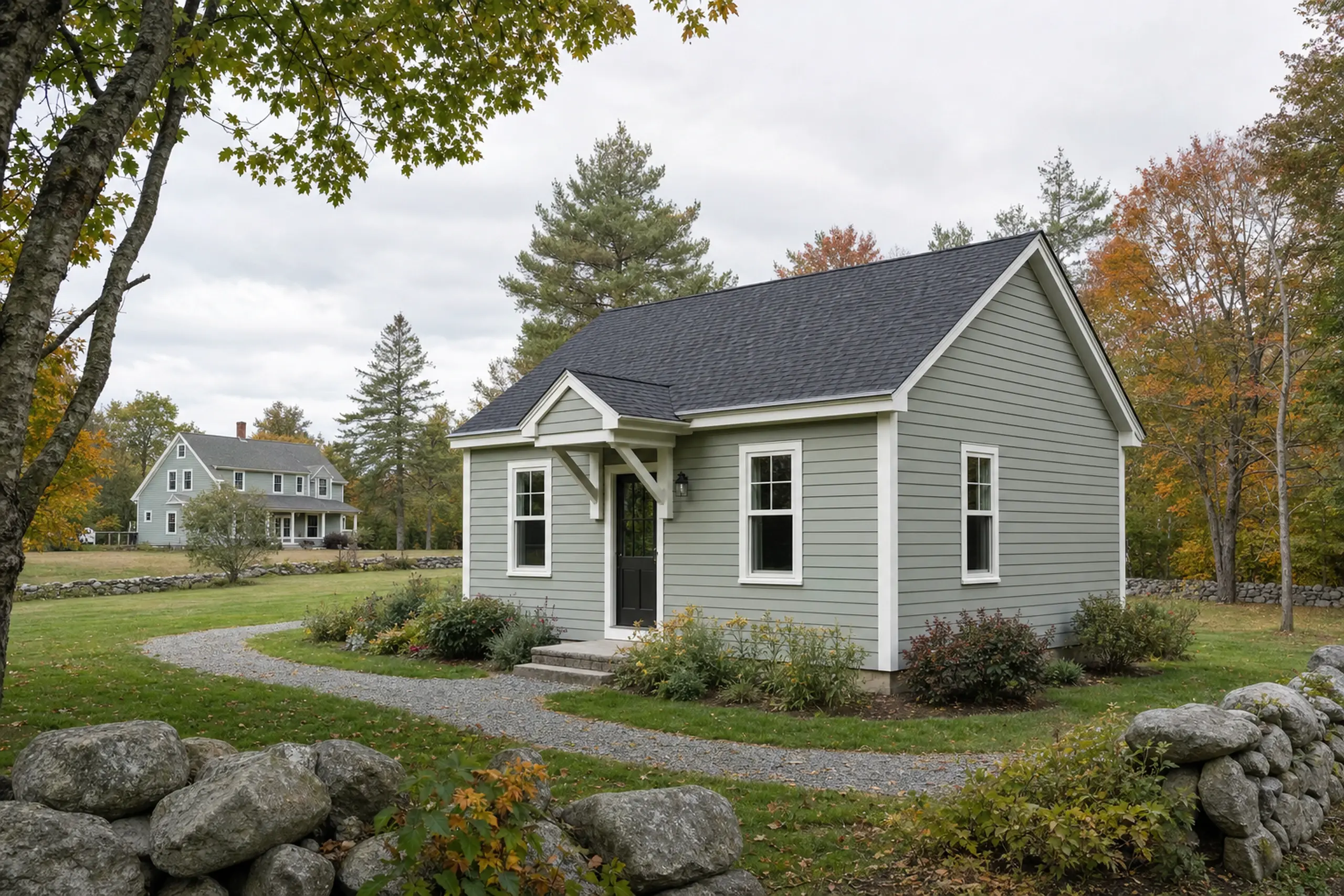 Small gray house with white trim and black door in a grassy yard with trees and stone walls.
