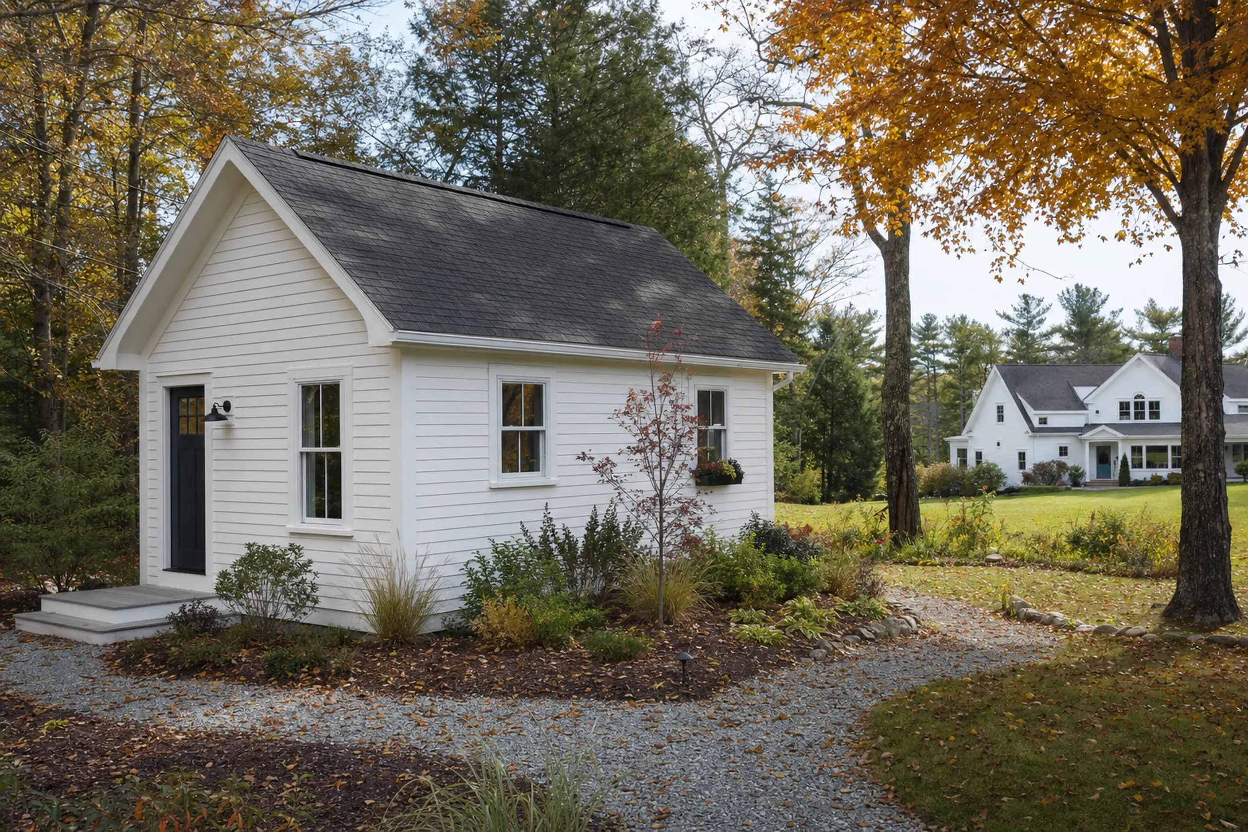 Small white house with black door in a leafy autumn setting with a larger white house in background.