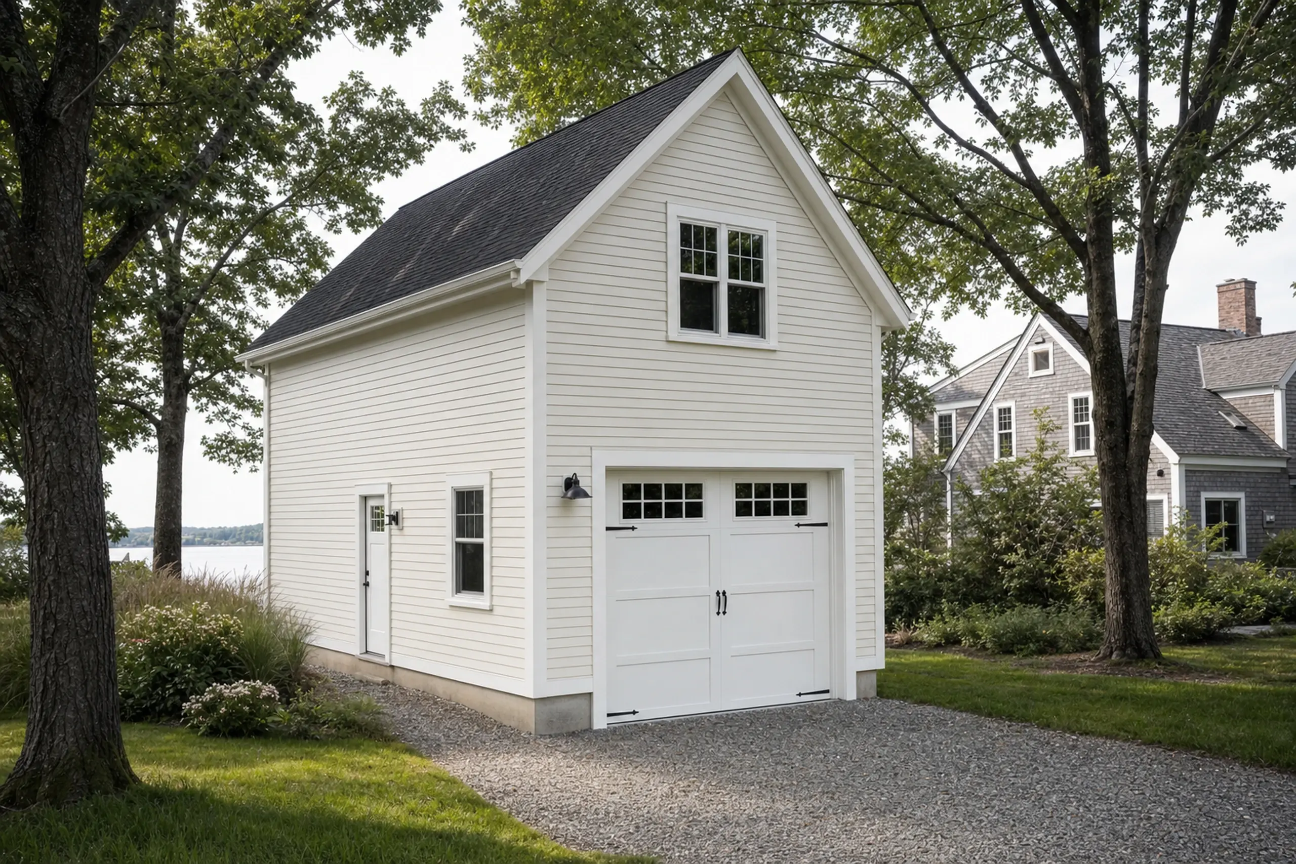 White two-story garage with black roof, surrounded by trees and greenery near a lake.