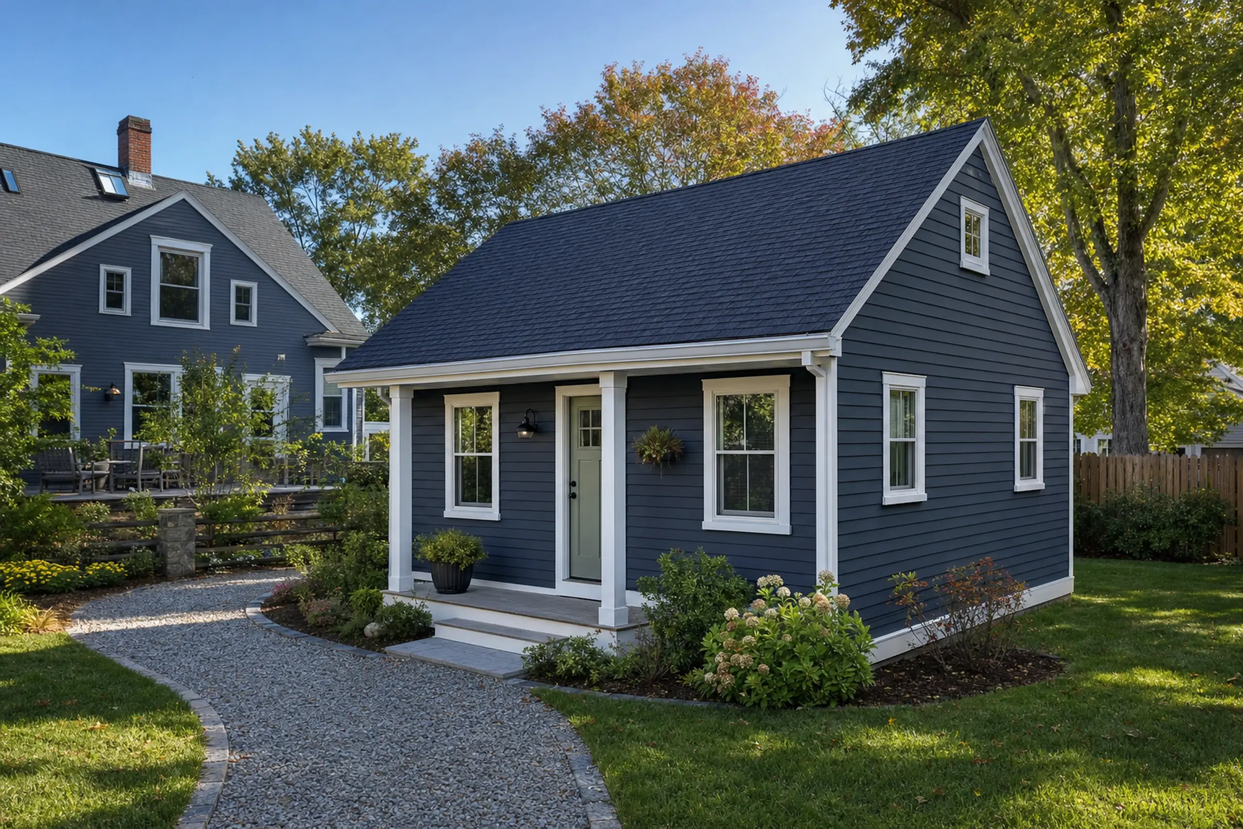 ADU builders in South Portland, ME: Small blue house with white trim, surrounded by green lawn and trees on a sunny day.