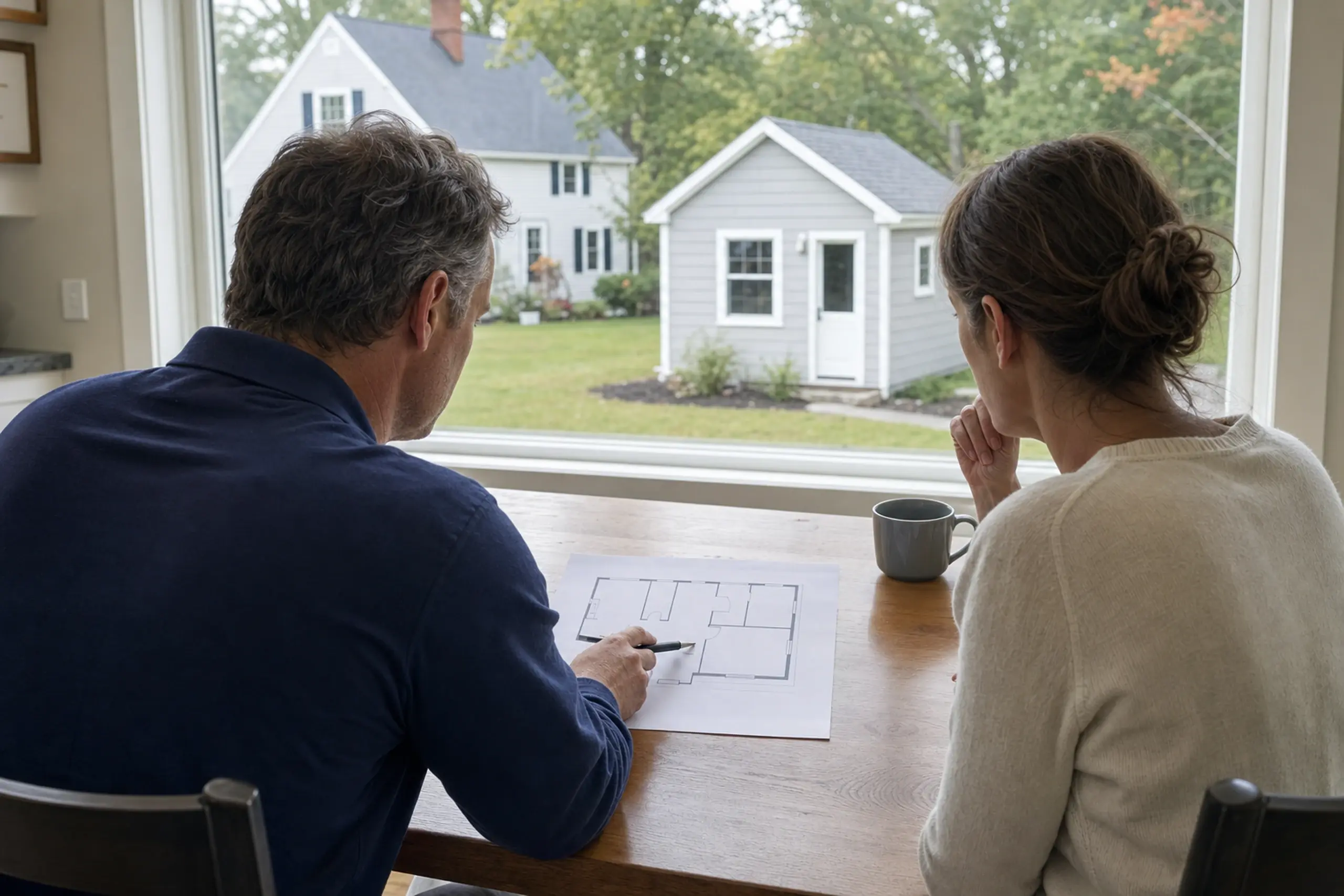 Two people sit at a wooden table inside, looking at a floor plan with a gray shed outside the window.