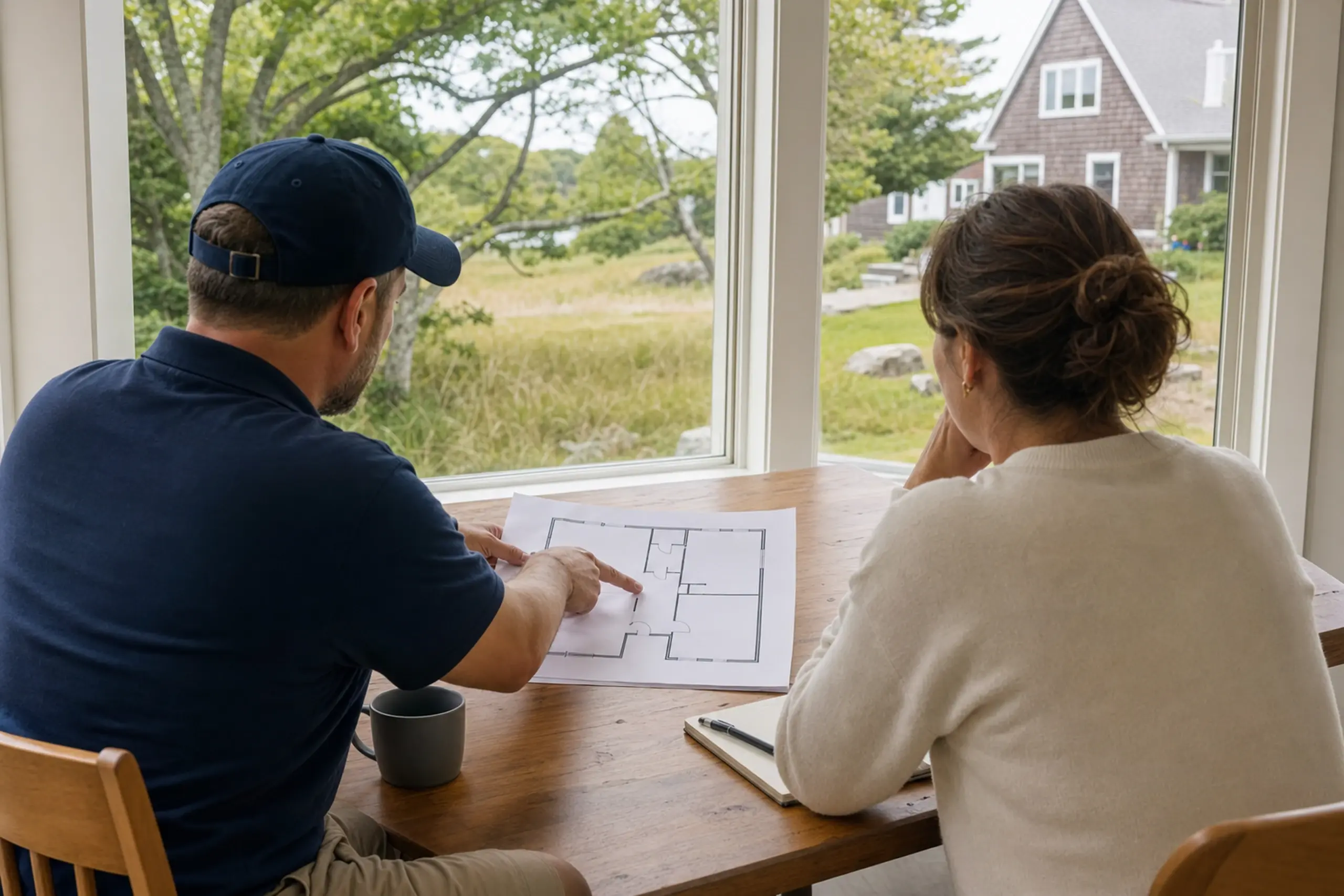 Two people sit at a wooden table inside, looking at a floor plan near large windows with a view of green trees and houses.
